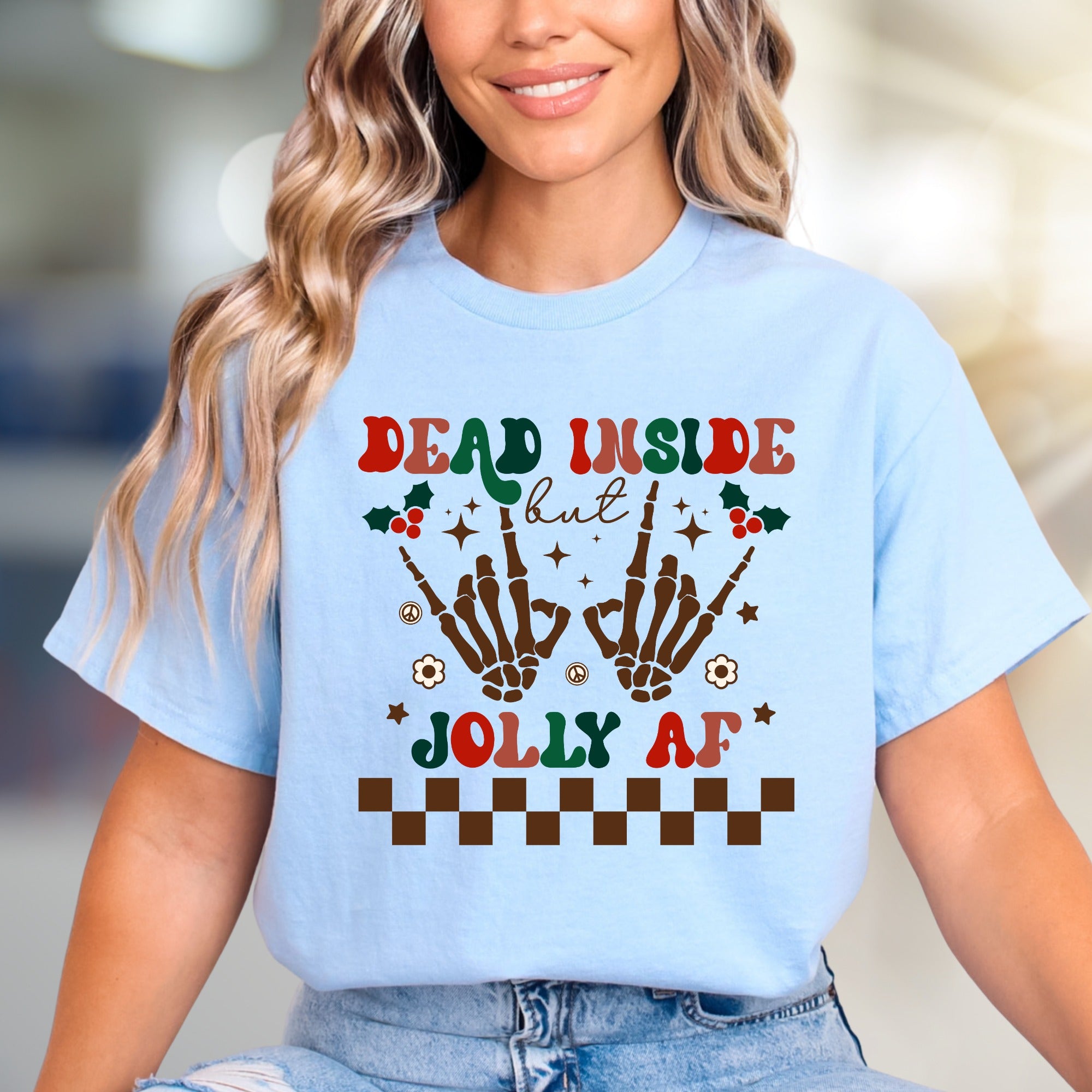 "Dead Inside But Jolly AF" Christmas Skeleton Graphic Tee, A Humorous Holiday Pick for Festive Vibes