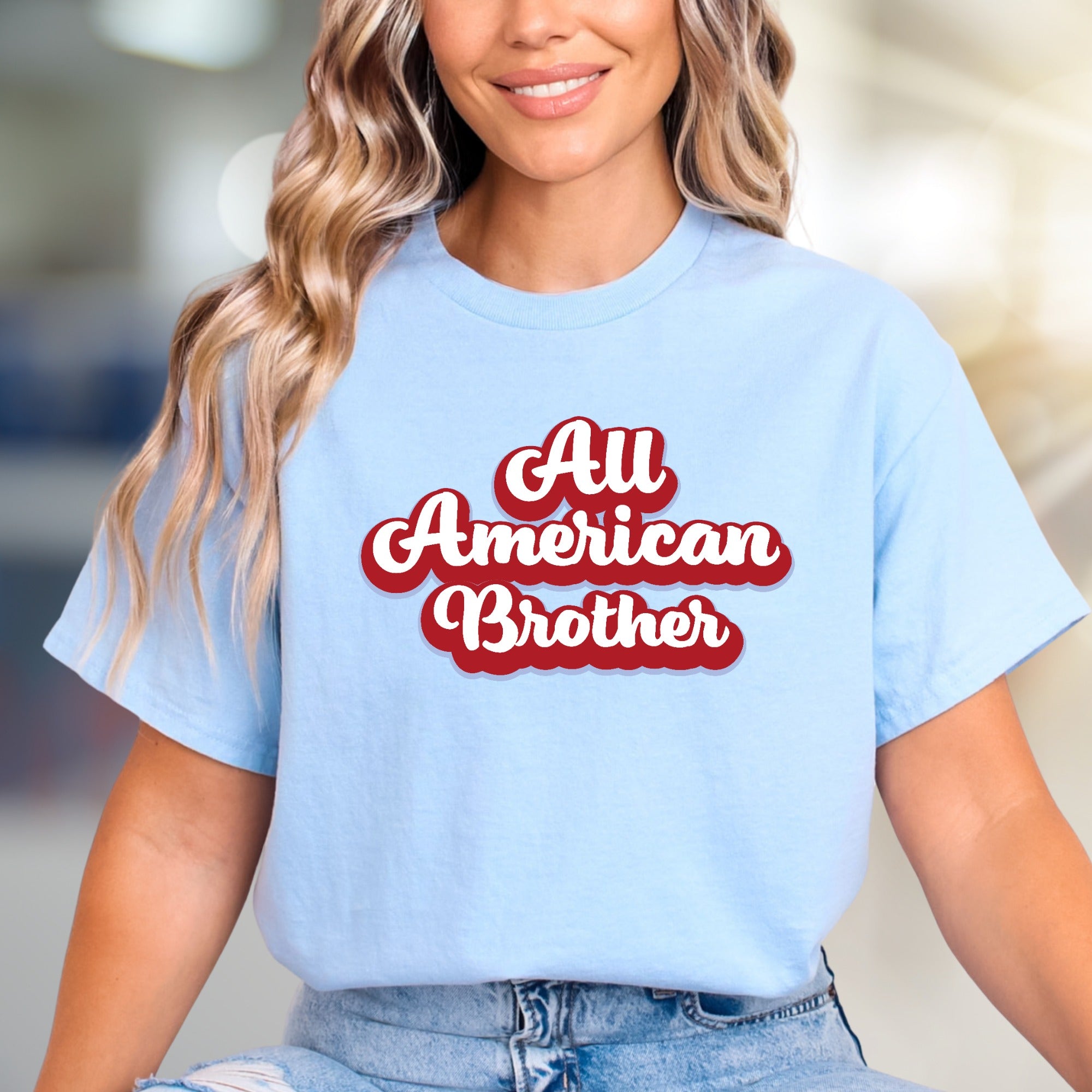 "All American Brother" Retro Script Graphic Tee, a Patriotic Pick for Family
