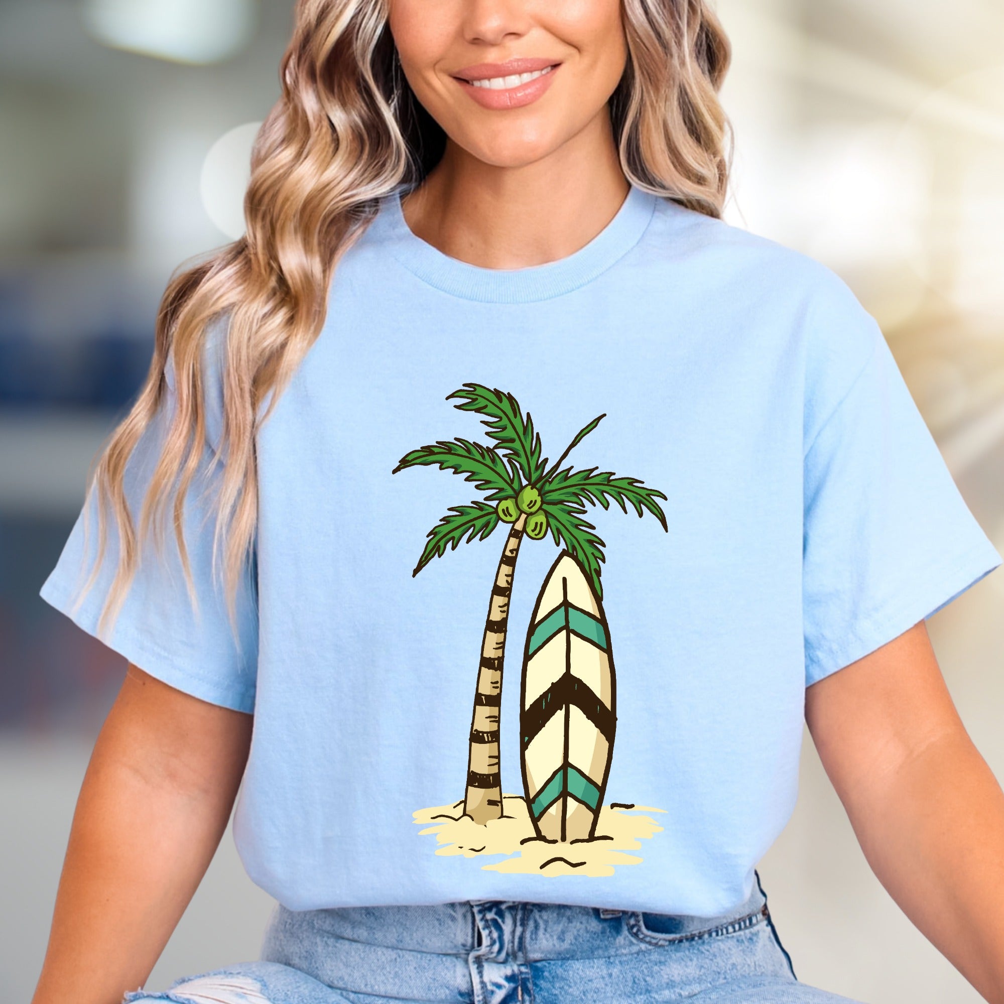 Palm Tree Surfboard Island Zen Graphic Tee, A Tropical Escape for Beach Lovers