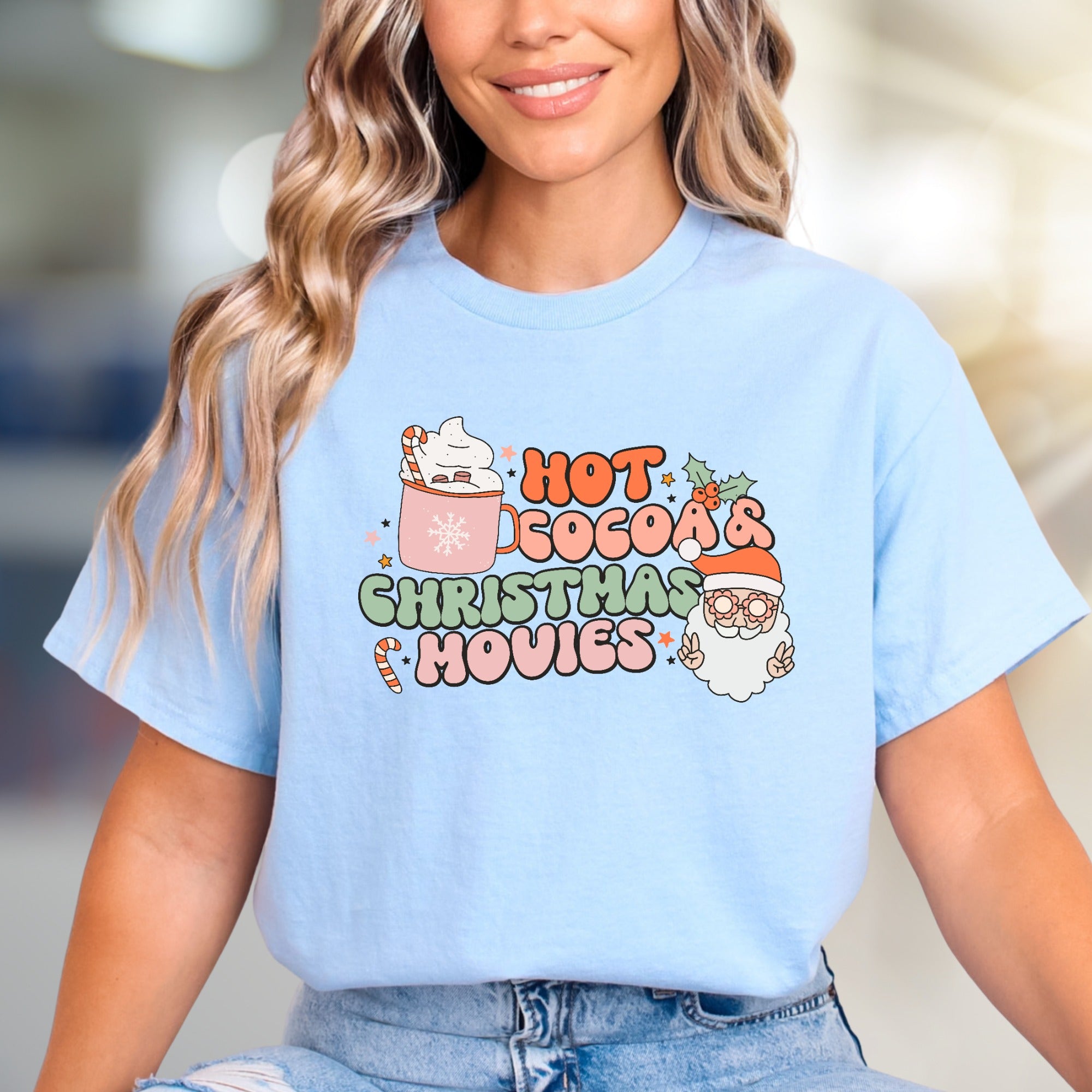 "Hot Cocoa & Christmas Movies" Retro Graphic Tee, a Festive Comfort Pick for Holiday Enthusiasts