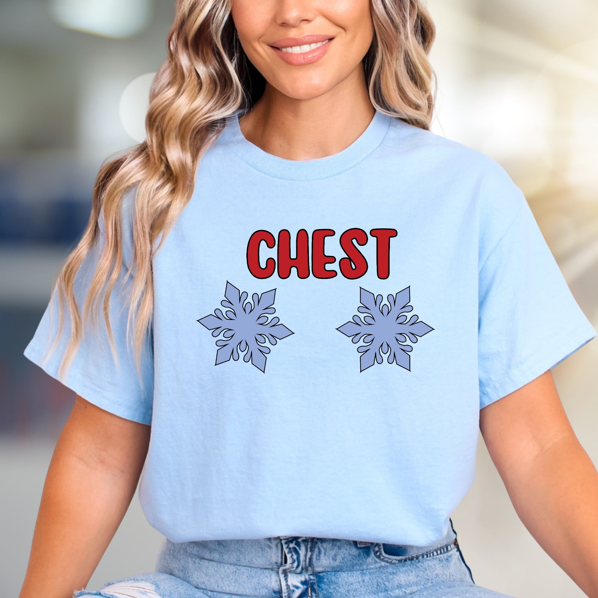 "CHEST" Snowy Snowflake Graphic Tee, a Witty Winter Pick for Fun-Lovers