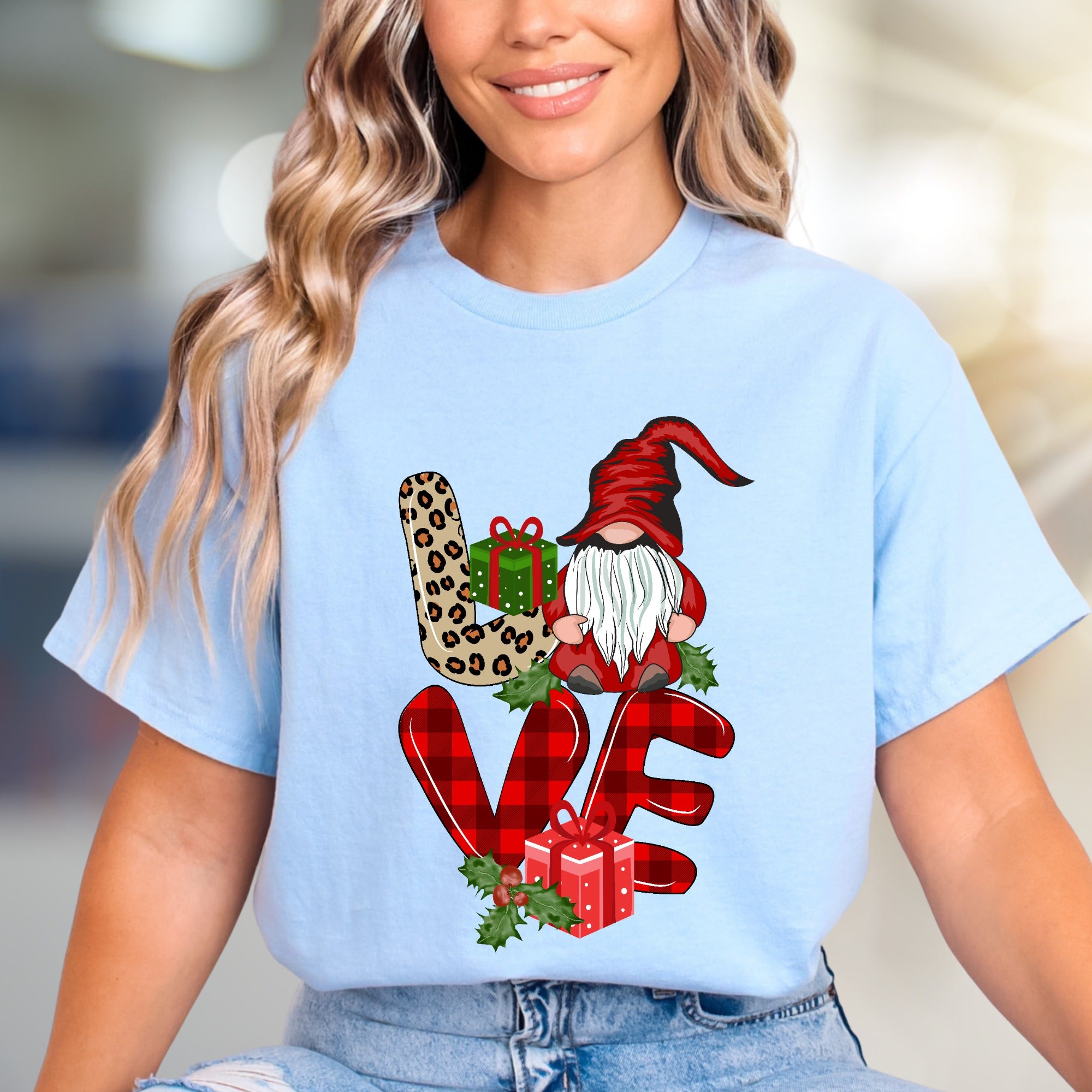 "LOVE" Gnome Leopard Plaid Graphic Tee, a Festive Holiday Gift for Her