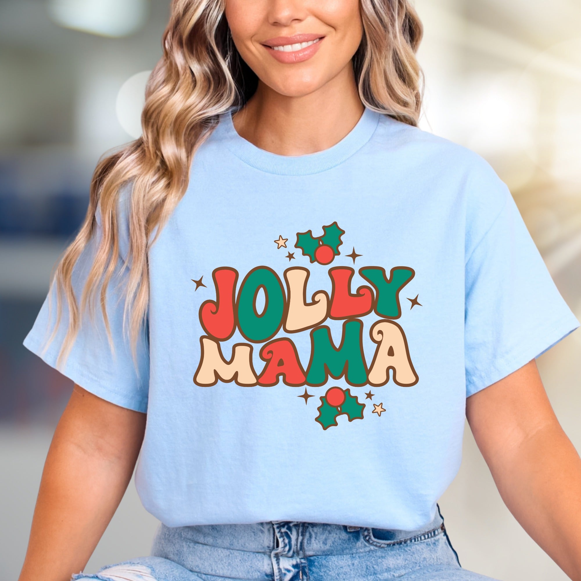 "Jolly Mama" Retro Christmas Graphic Tee, a Festive Pick for Merry Moms