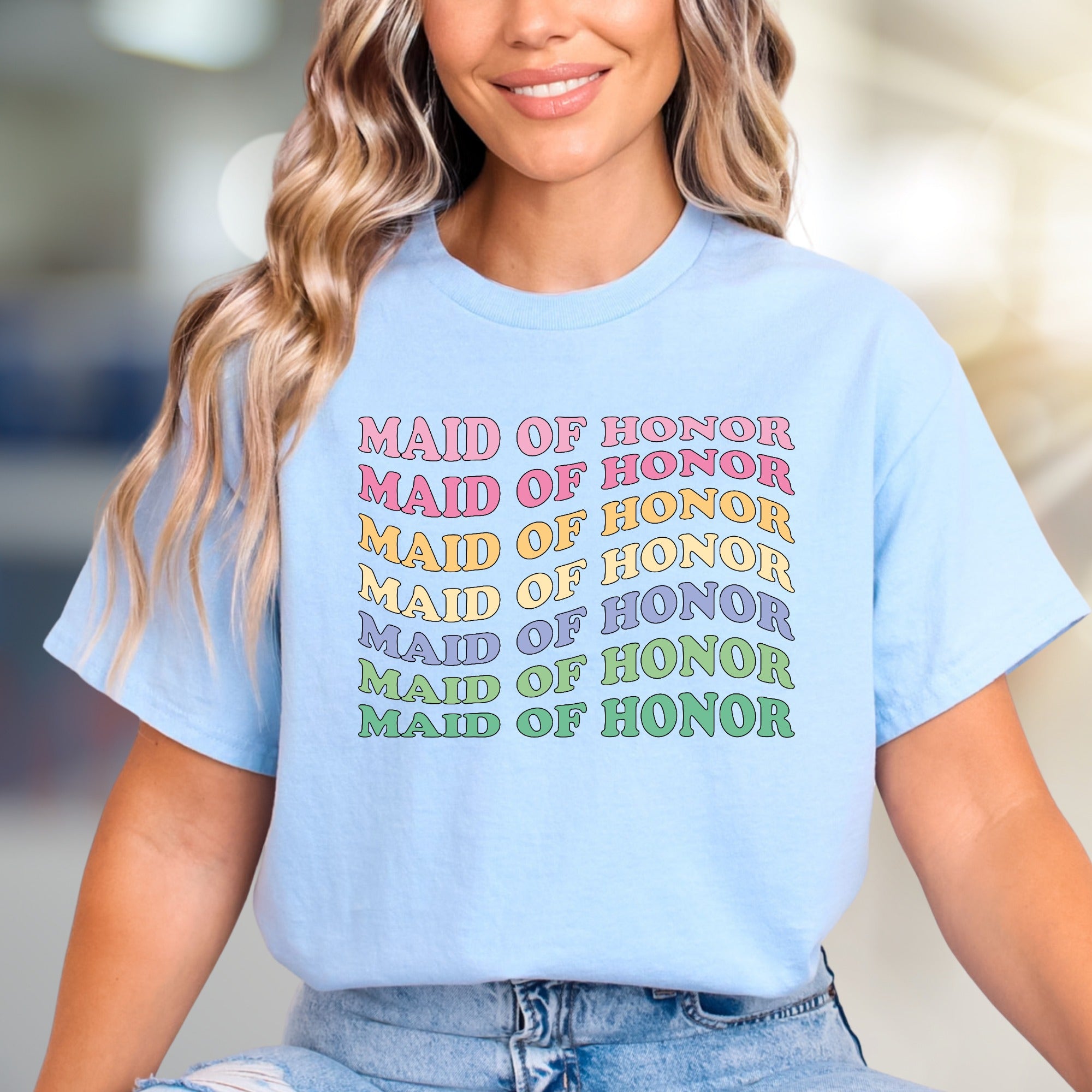 "Maid of Honor" Rainbow Retro Graphic Tee, a Bridal Party Pick for Her