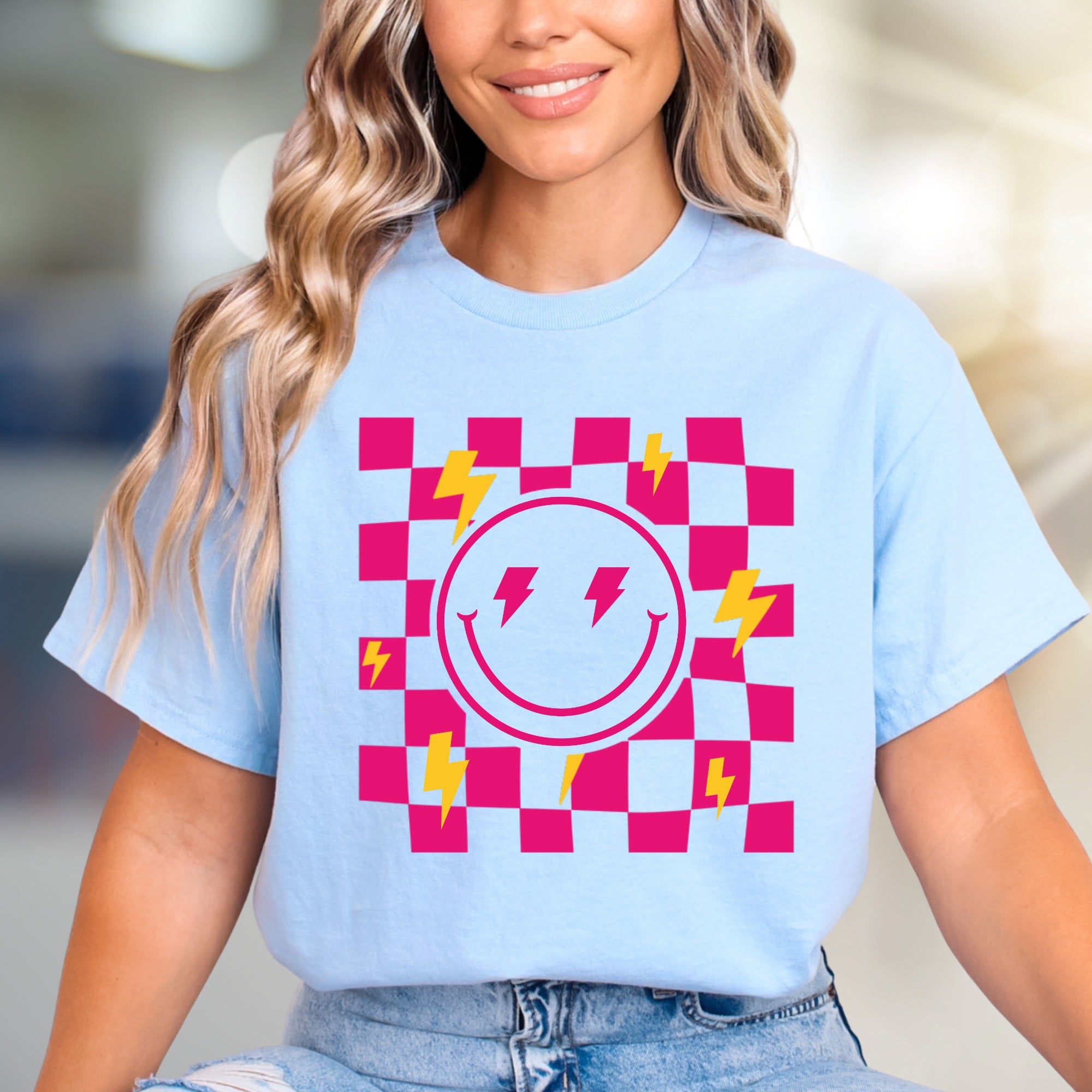 Neon Checkerboard Lightning Smiley Face Graphic Tee, a Bold Y2K Pick for Trendsetters