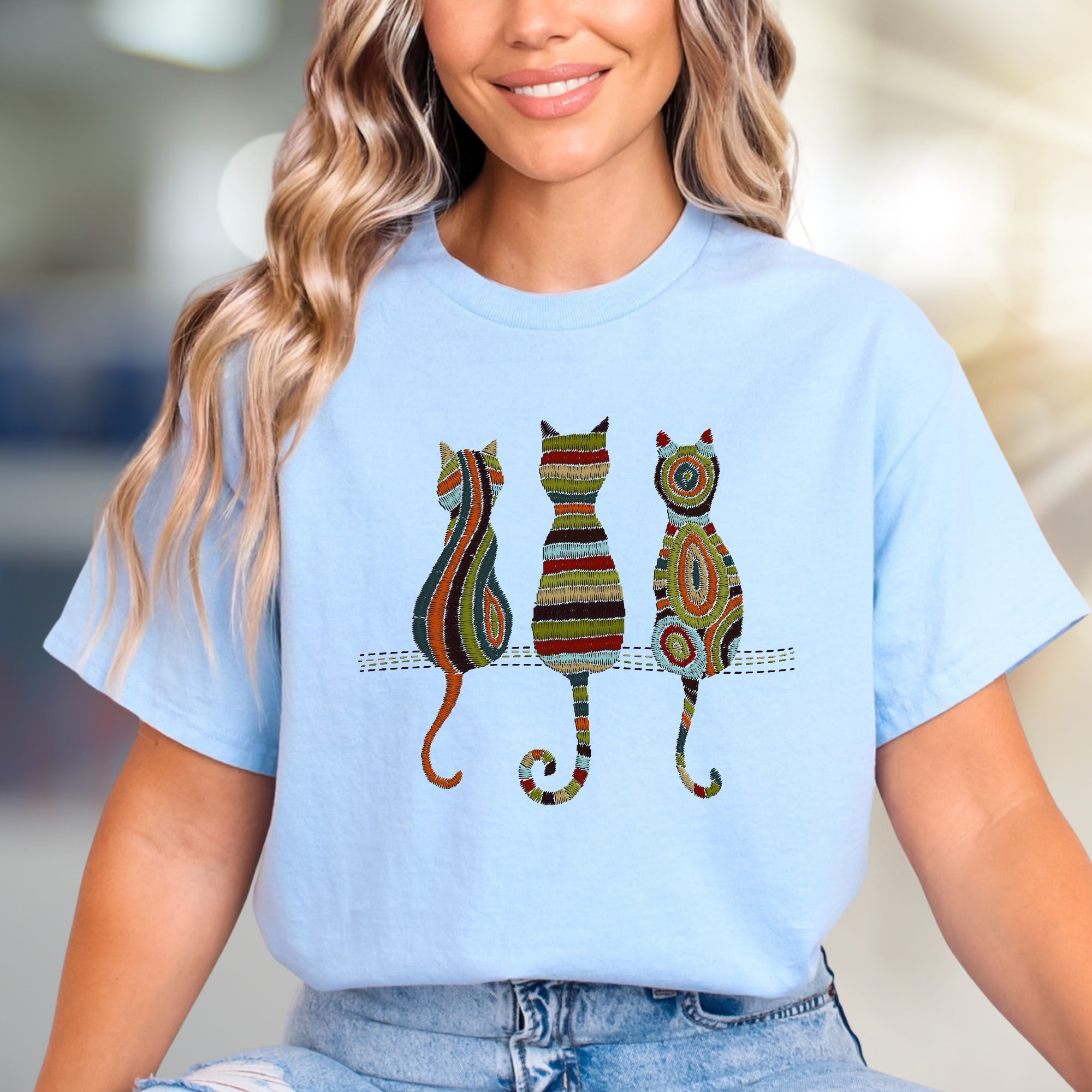 Abstract Cat Trio Art Graphic Tee, A Bohemian Chic Pick for Feline Lovers