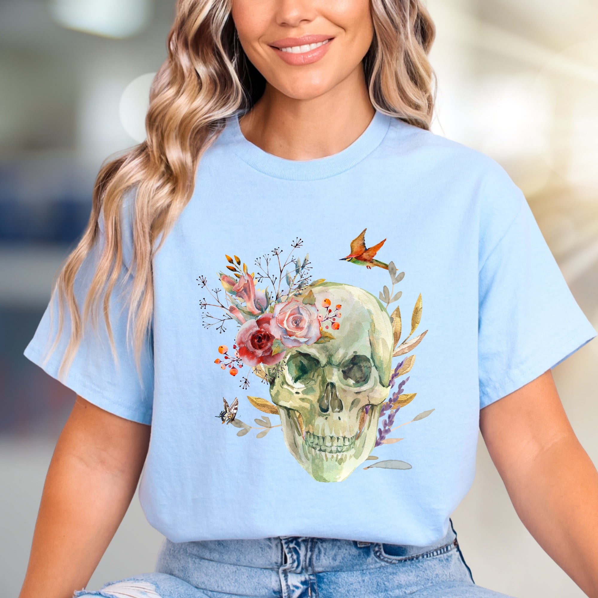 Floral Skull Watercolor Graphic Tee, a Nature-Inspired Pick for Art Lovers
