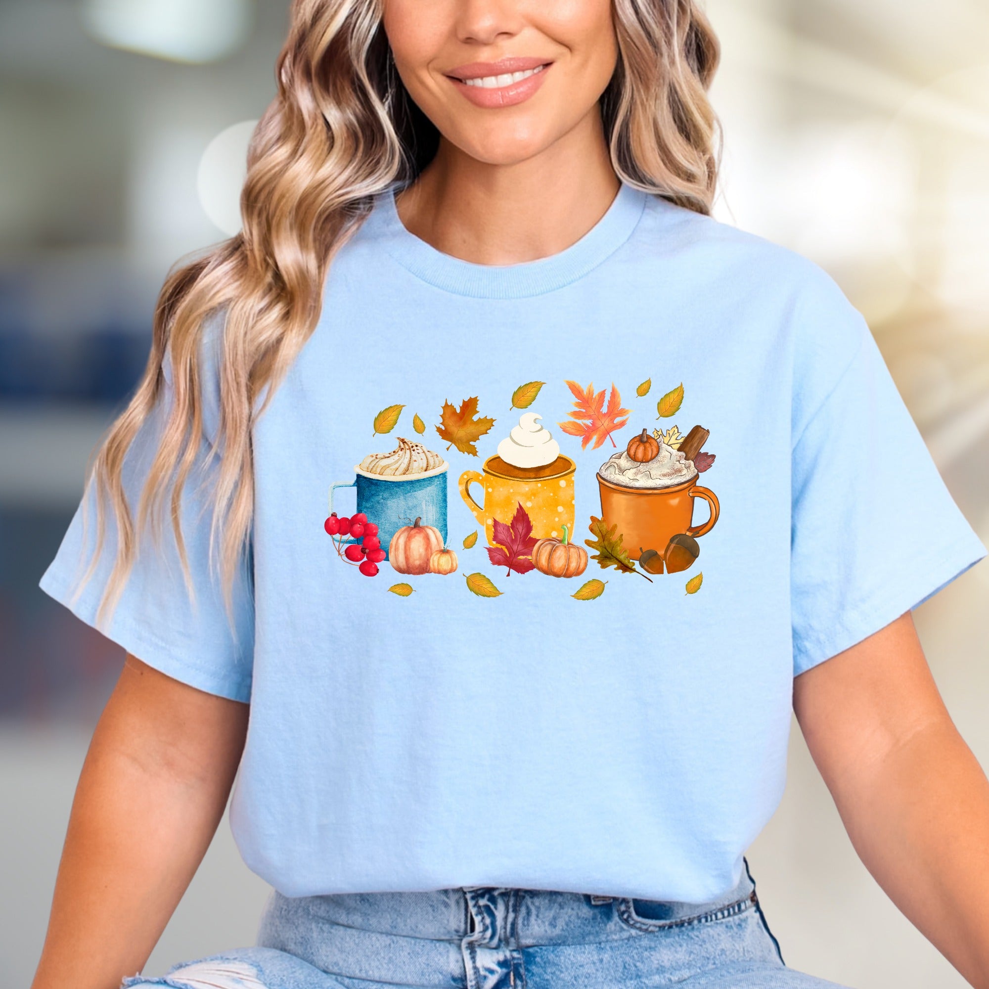 Autumn Coffee Mug Collage Graphic Tee, a Cozy Fall Fashion Pick for PSL Lovers