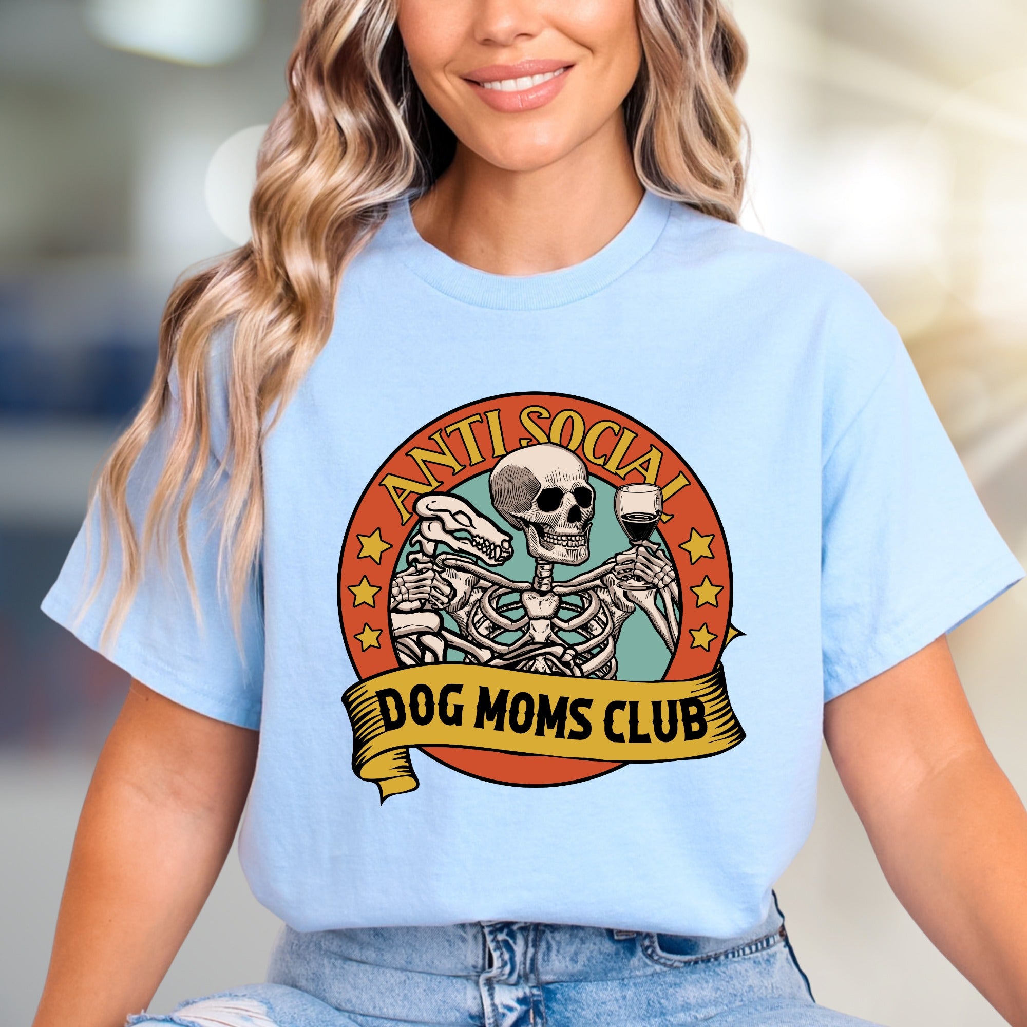"Anti Social Dog Moms Club" Skeleton Graphic Tee, a Witty Pick for Dog Lovers