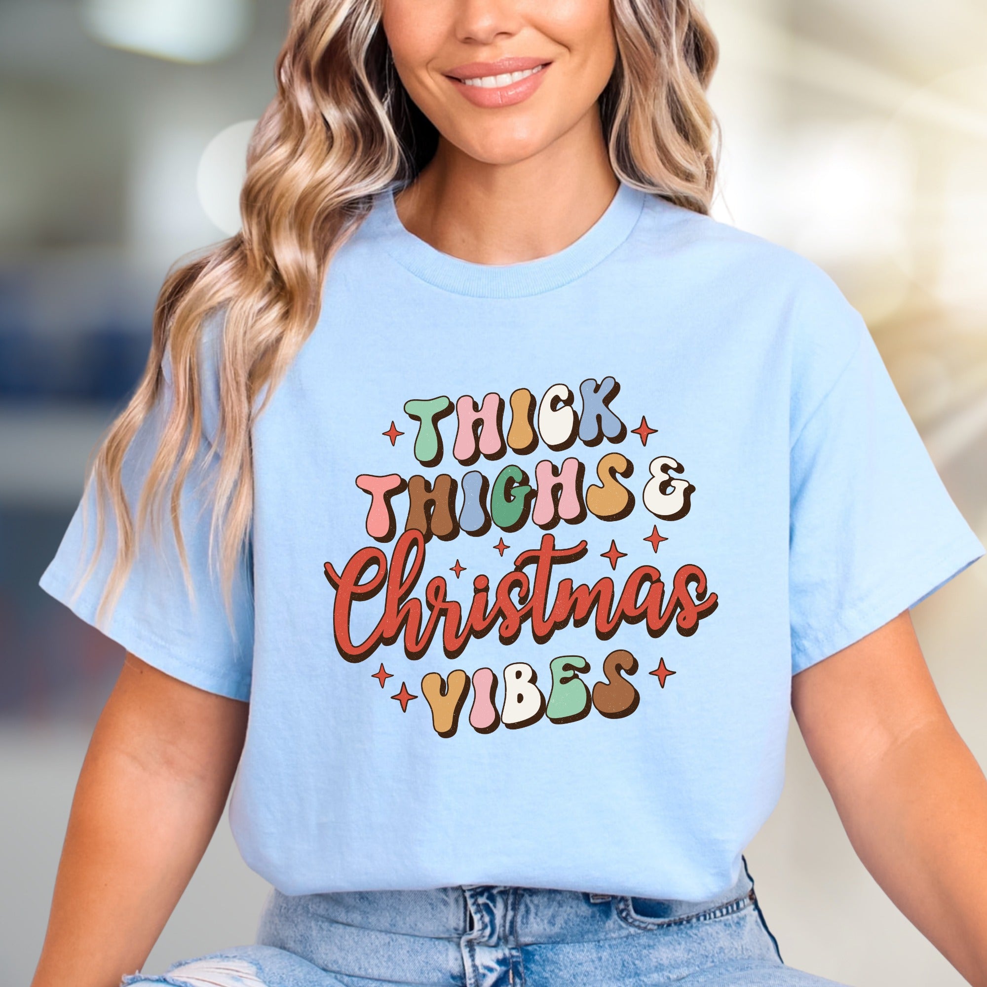 "Thick Thighs & Christmas Vibes" Retro Graphic Tee, a Festive Niche for Holiday Enthusiasts