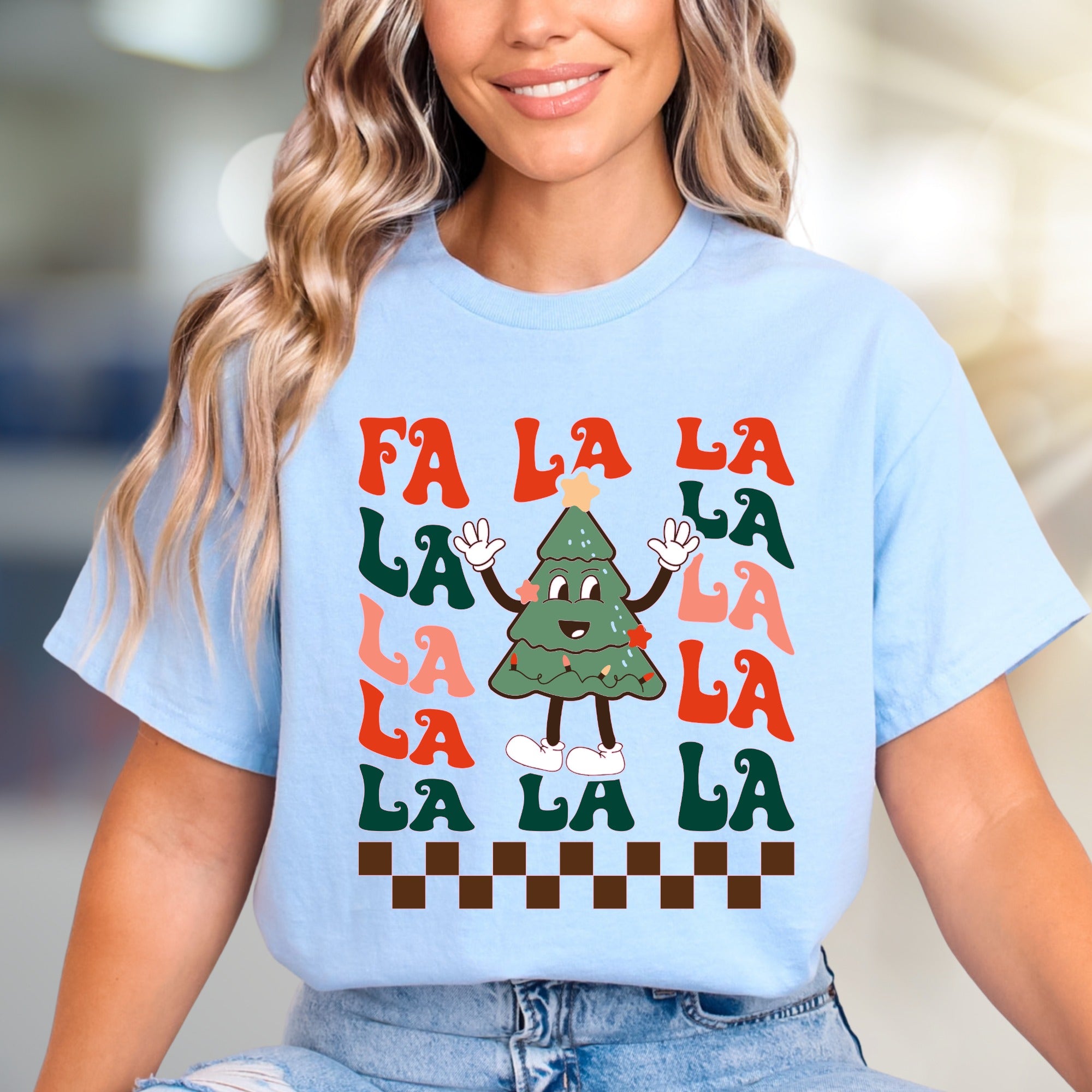 "FA LA LA" Retro Christmas Tree Graphic Tee, A Festive Holiday Pick for Enthusiasts