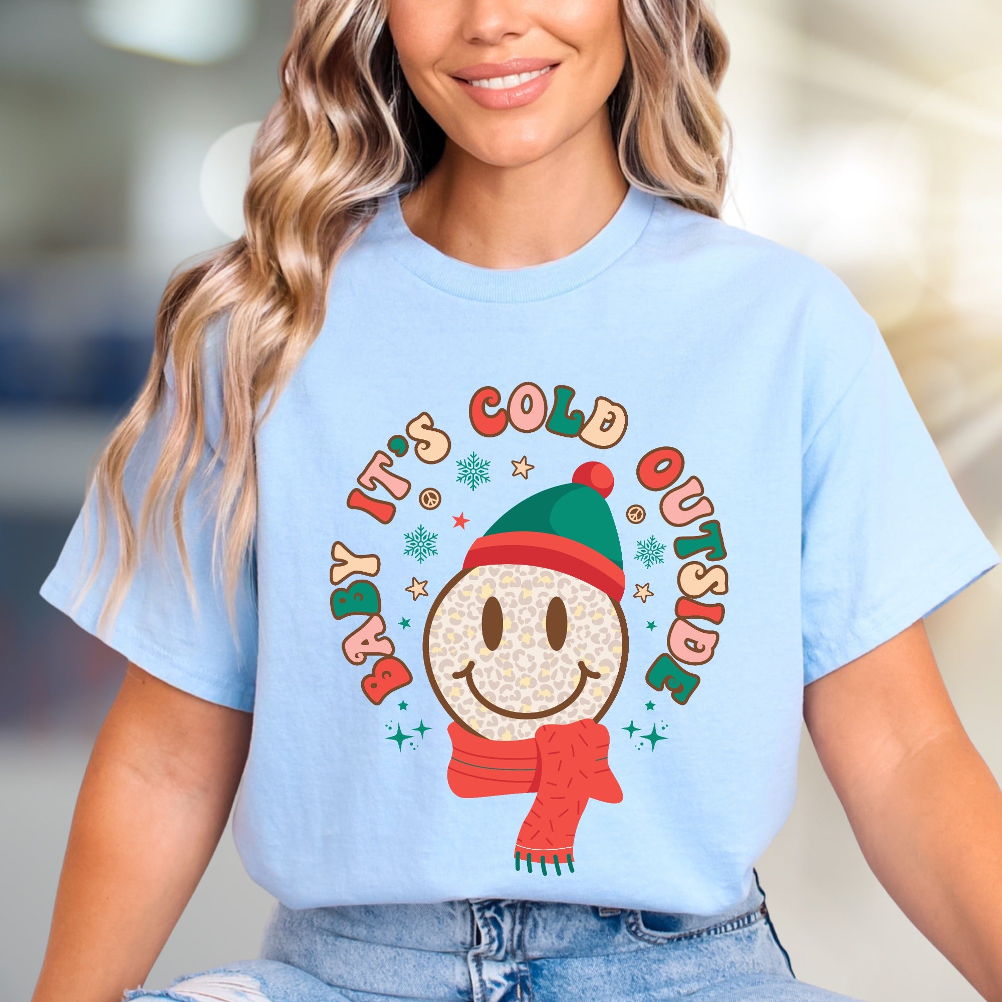 "Baby It's Cold Outside" Winter Smiley Graphic Tee, a Festive Comfort Pick for Holiday Lovers