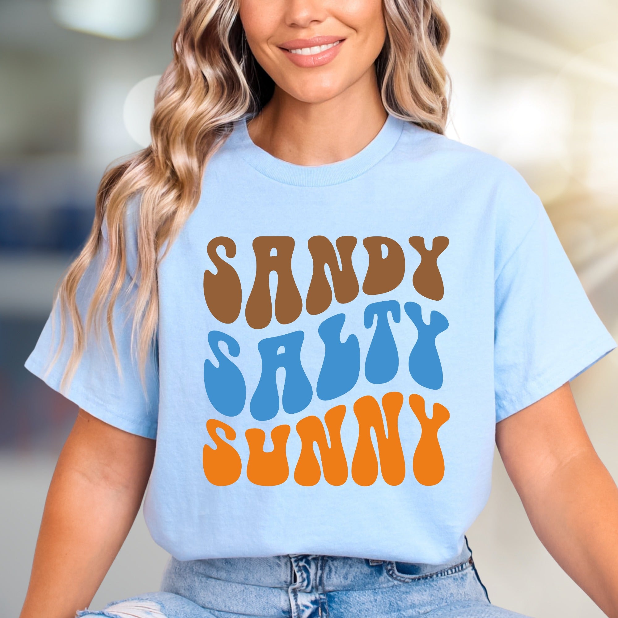"Sandy Salty Sunny" Retro Summer Graphic Tee, a Beach Lover's Relaxed Pick