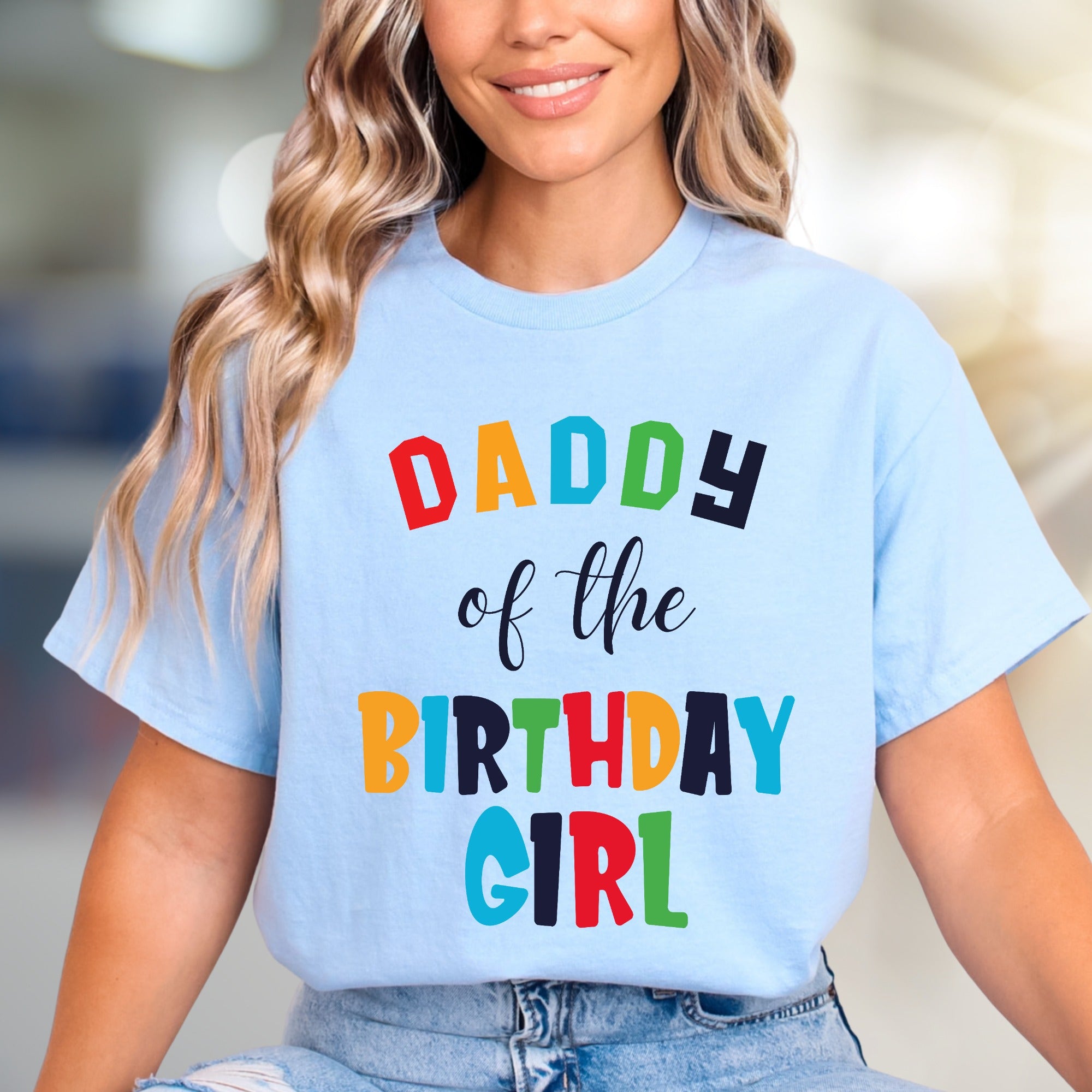 "DADDY of the BIRTHDAY GIRL" Colorful Block Letters Graphic Tee, a Celebration Pick for Fathers and Family