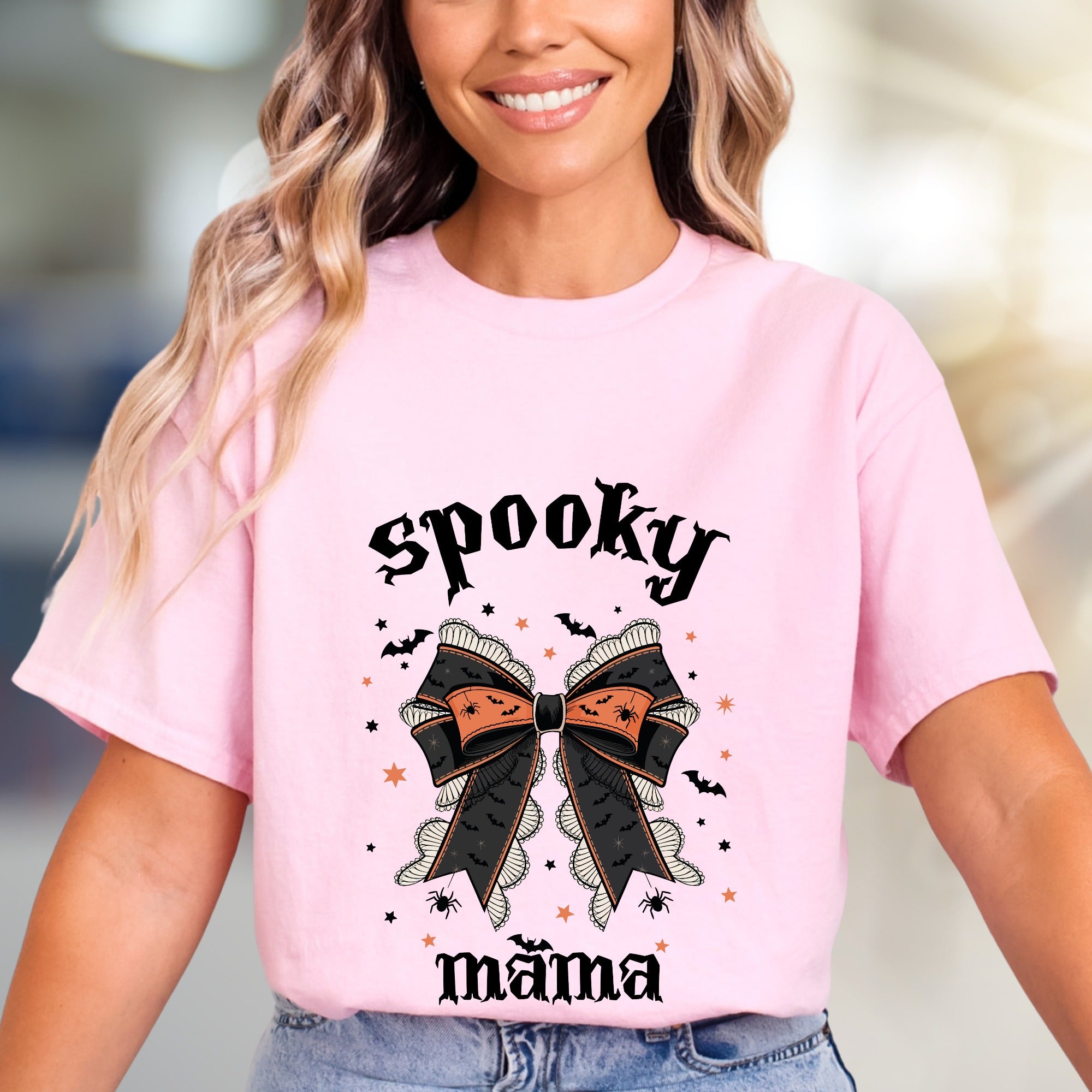 "Spooky Mama" Halloween Bow Graphic Tee, a Gothic-Chic Pick for Moms