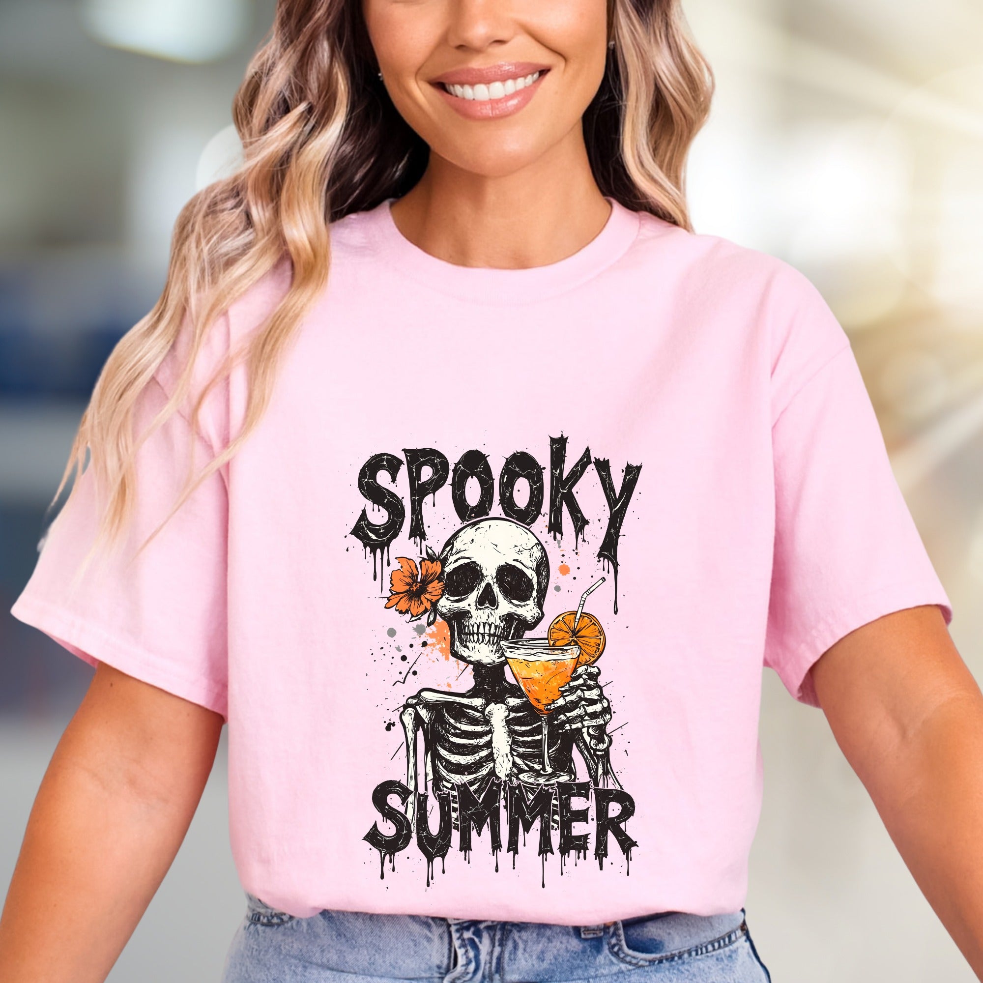 "Spooky Summer" Skeleton Cocktail Graphic Tee, a Gothic Beach Pick for Dark Humor Enthusiasts