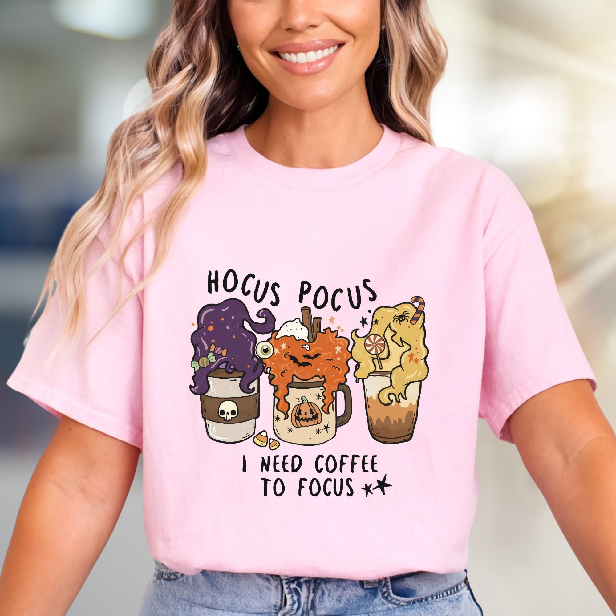 "Hocus Pocus I Need Coffee to Focus" Halloween Coffee Graphic Tee, a Spooky Funny Pick for Caffeine Lovers