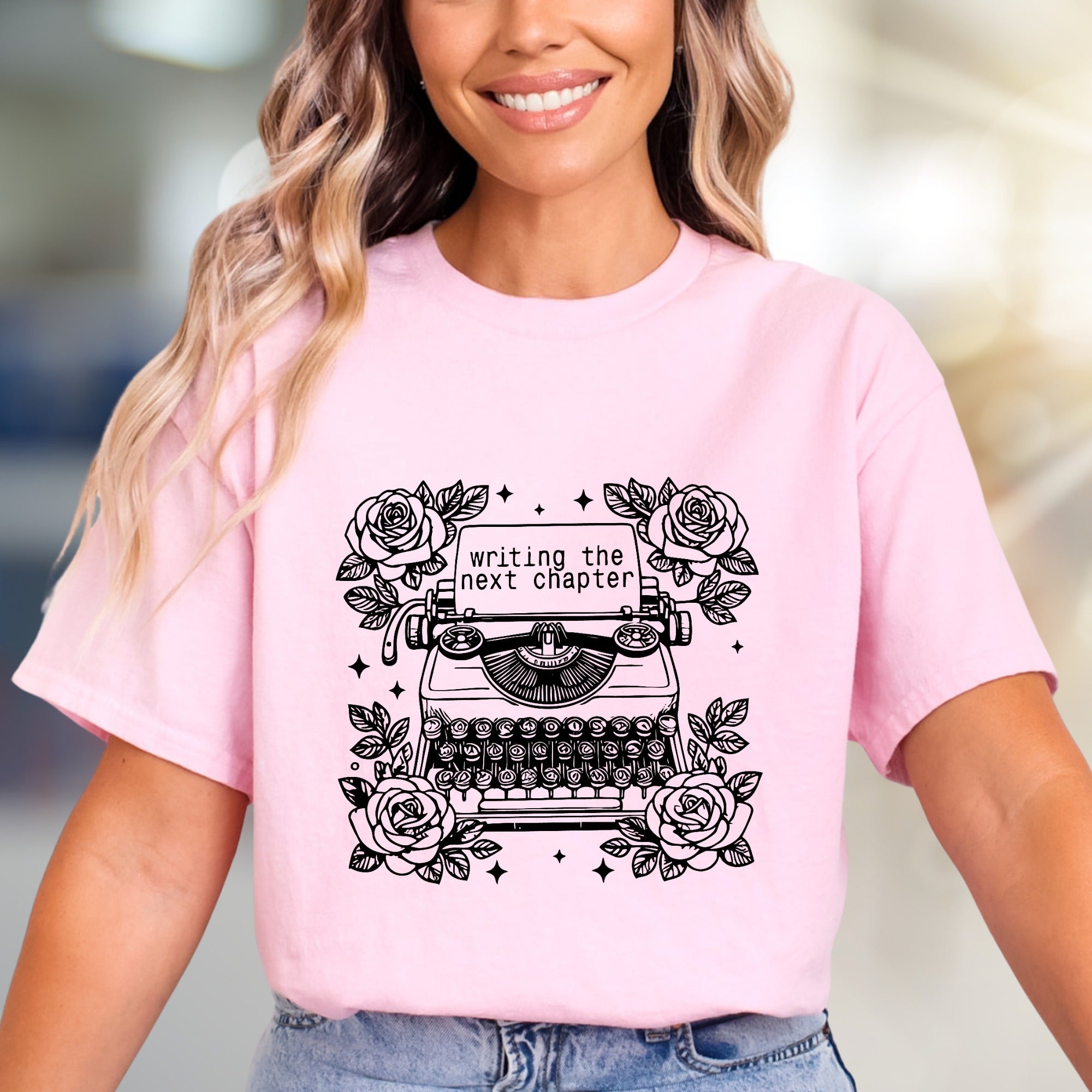 "Writing The Next Chapter" Typewriter Graphic Tee, a Creative Literary Pick for Authors