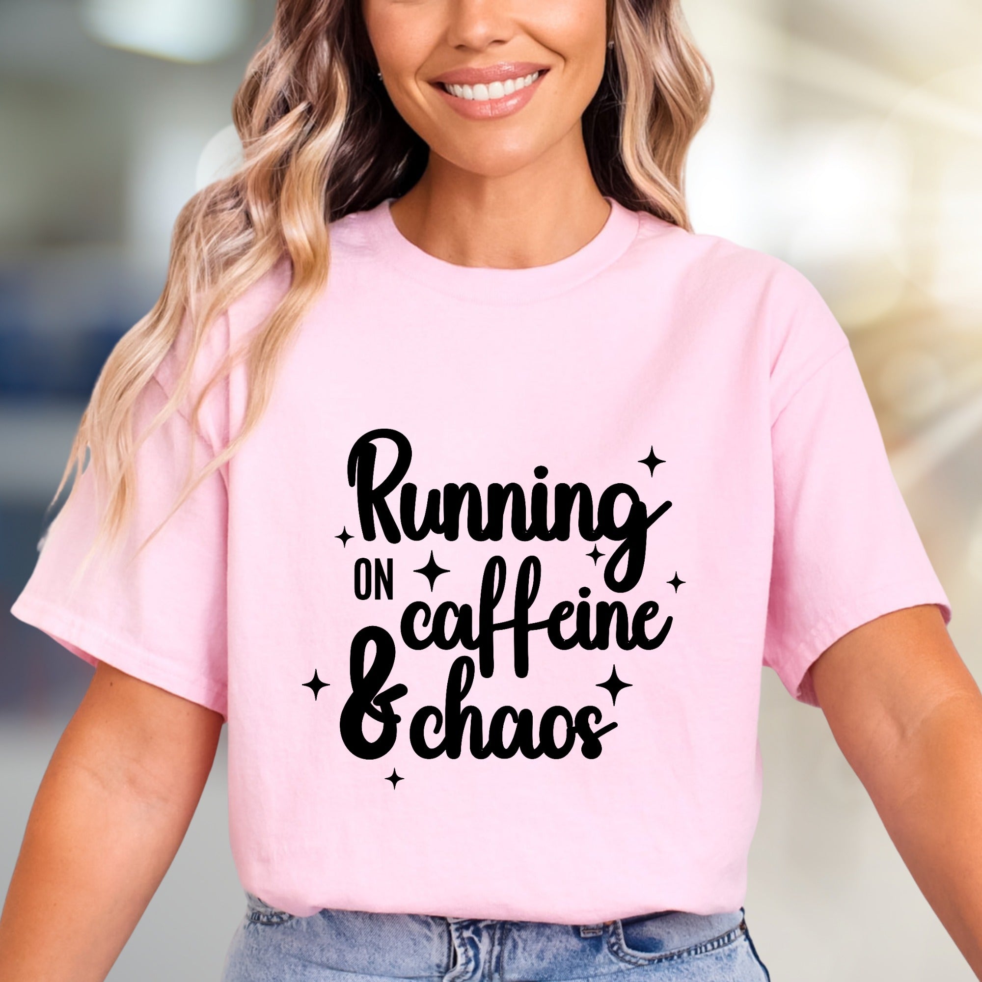 "Running on Caffeine & Chaos" Graphic Tee, a Witty Pick for Coffee Lovers