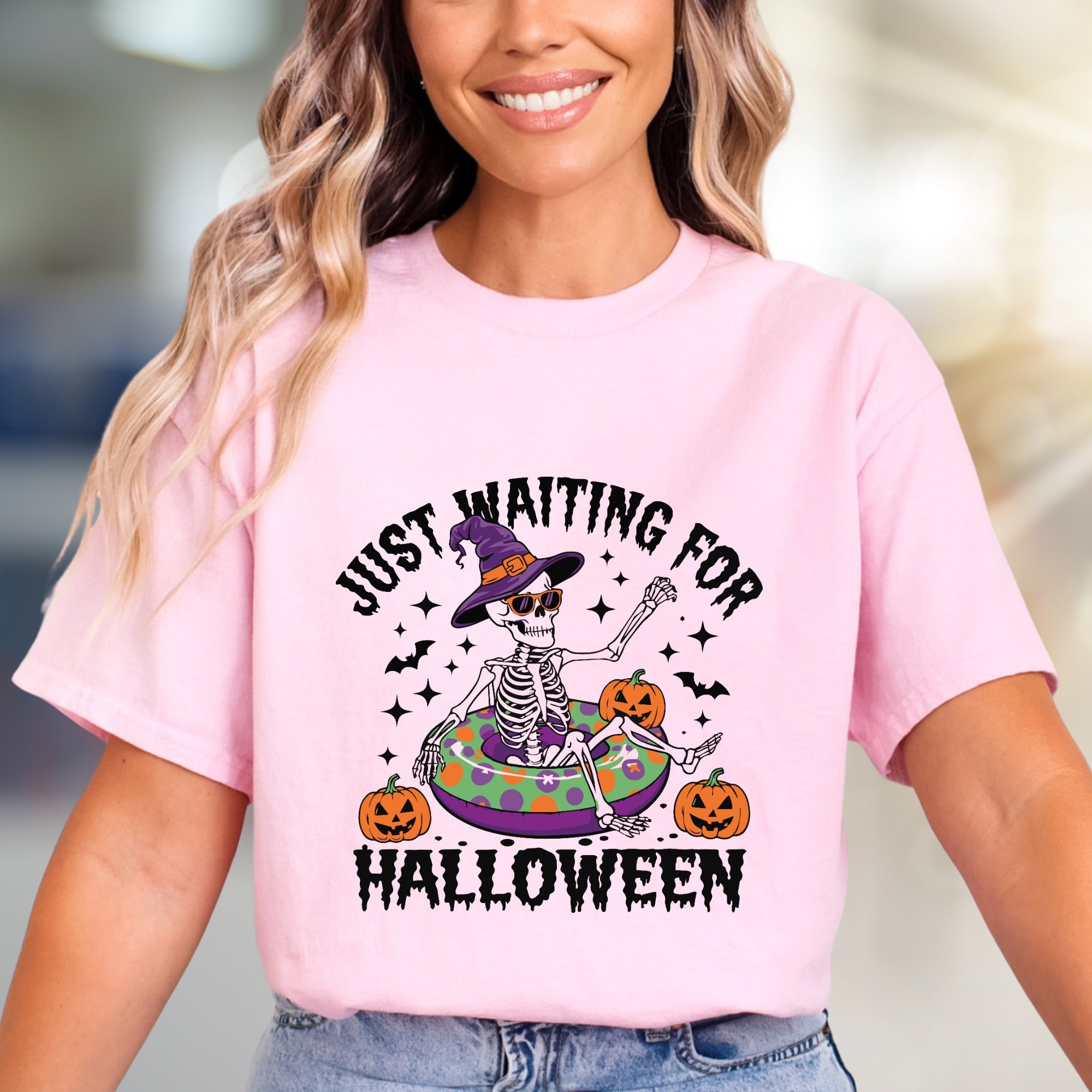 "JUST WAITING FOR HALLOWEEN" Spooky Skeleton Graphic Tee, a Funny Holiday Pick for Spooky Season Lovers