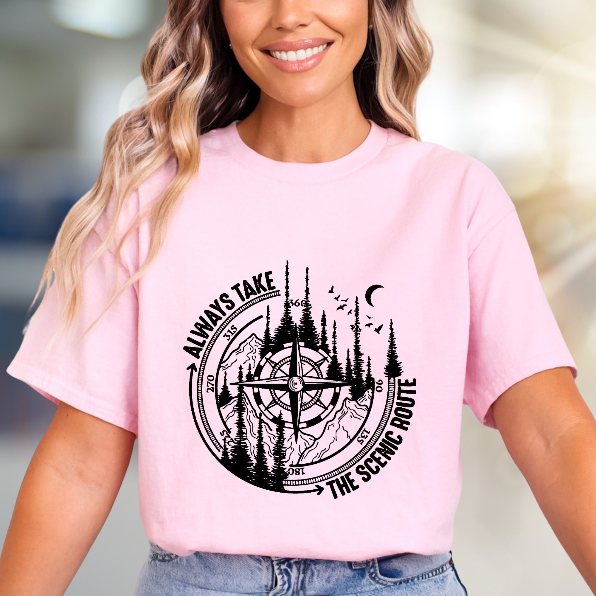 "Always Take The Scenic Route" Wilderness Compass Graphic Tee, an Adventure Enthusiast Pick for Outdoor Lovers