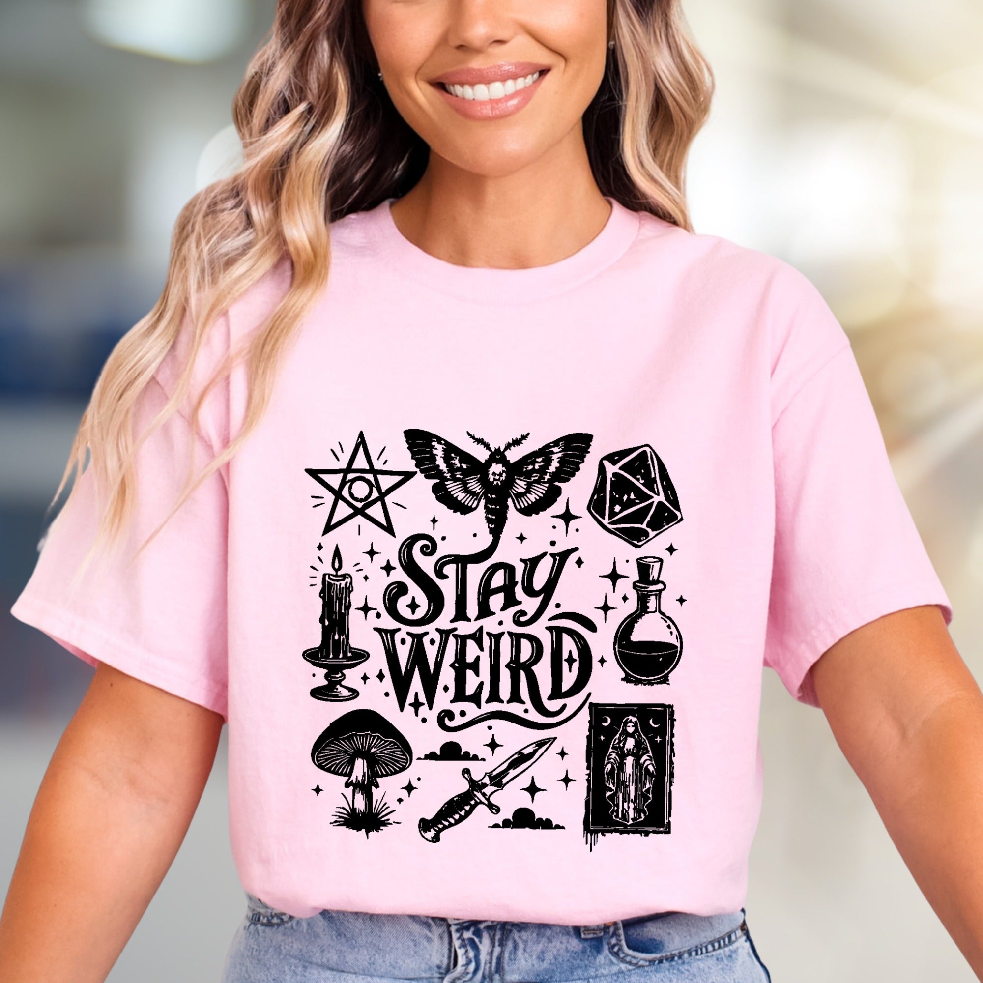 "Stay Weird" Occult Graphic Tee, a Mystical Pick for Unique Souls