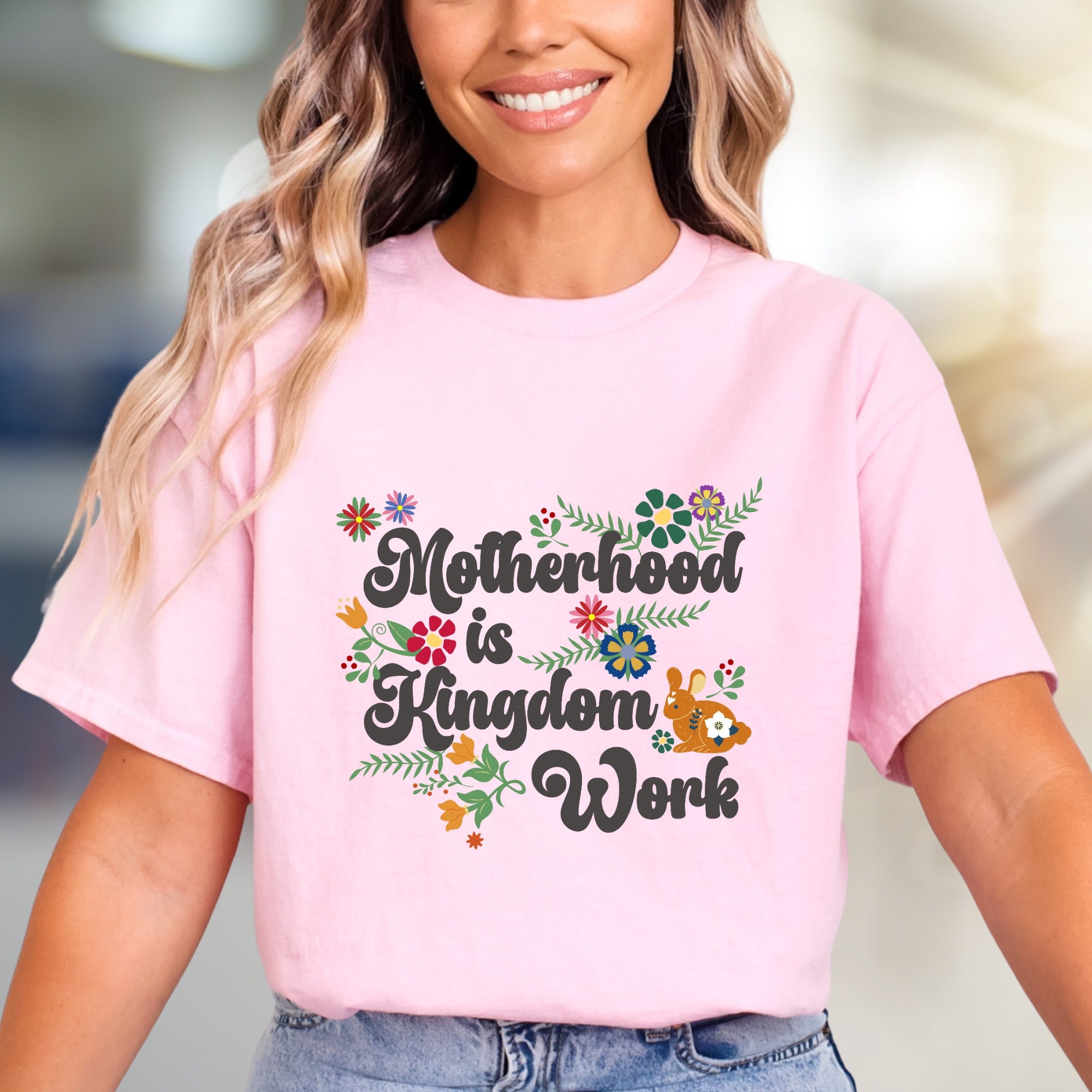 "Motherhood is Kingdom Work" Floral Graphic Tee, a Bohemian Mom Life Pick for Her