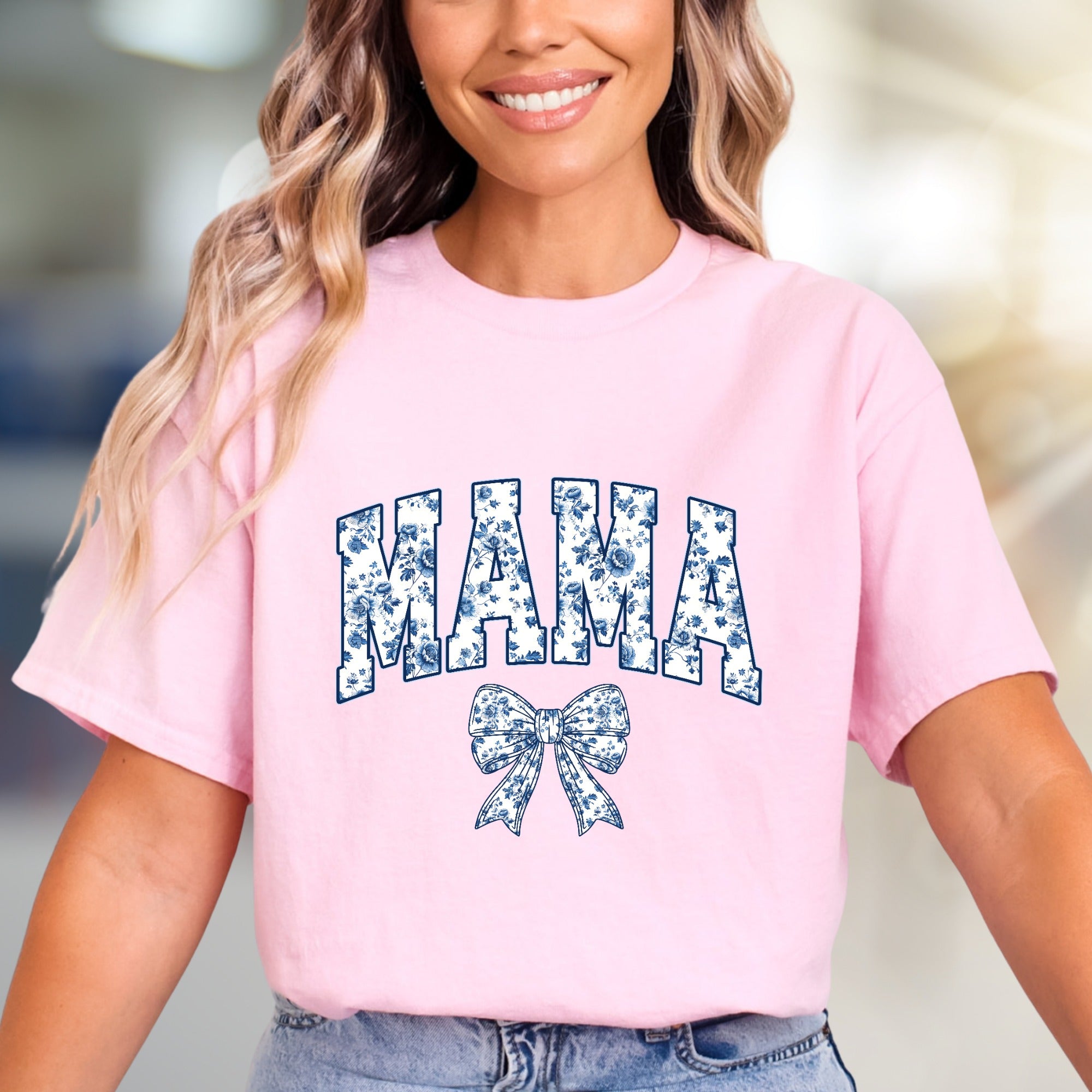 "MAMA" Chinoiserie Floral Bow Graphic Tee, a Motherhood Style Pick for Proud Moms