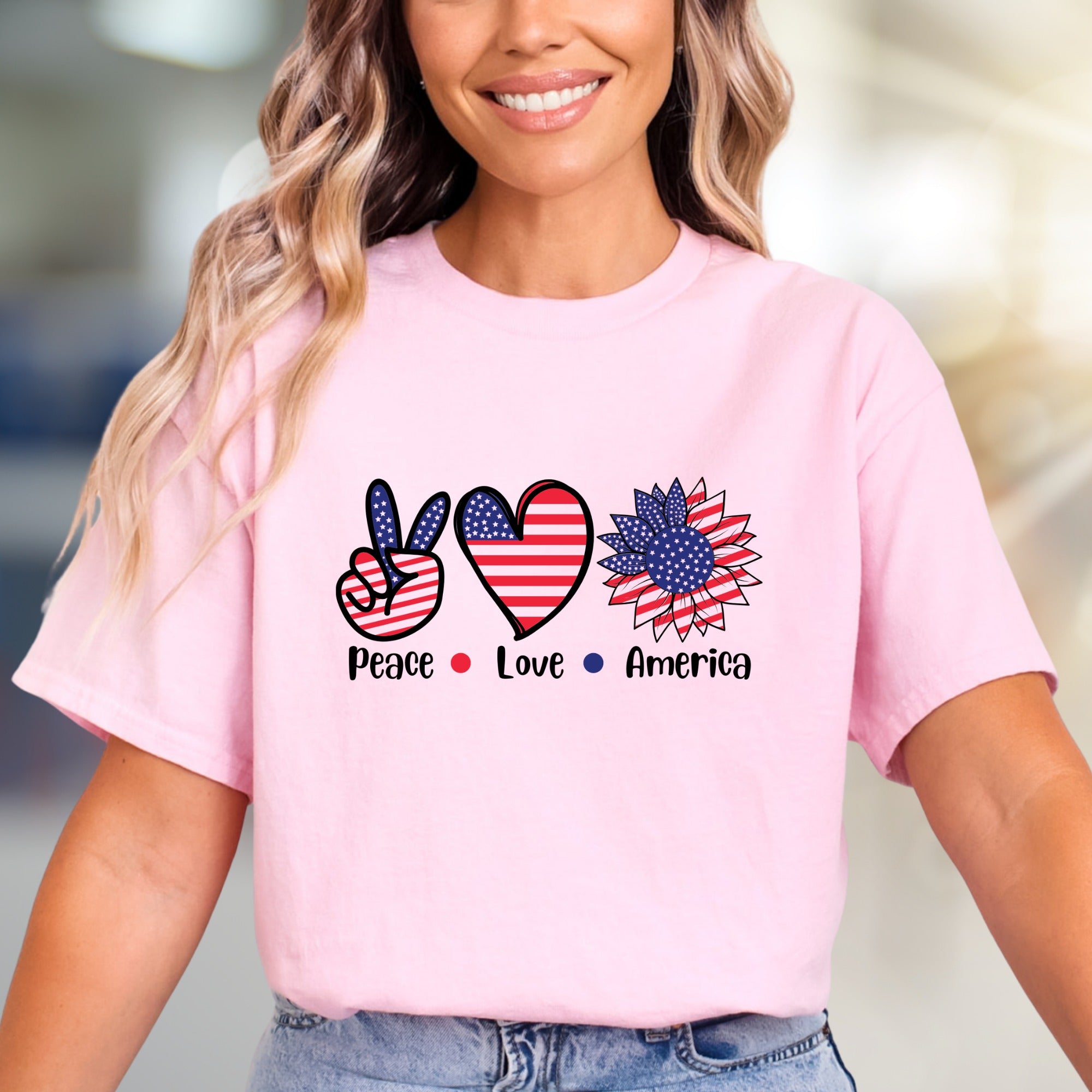 "Peace Love America" Patriotic Sunflower Graphic Tee, a Summer Celebration Pick for Everyone