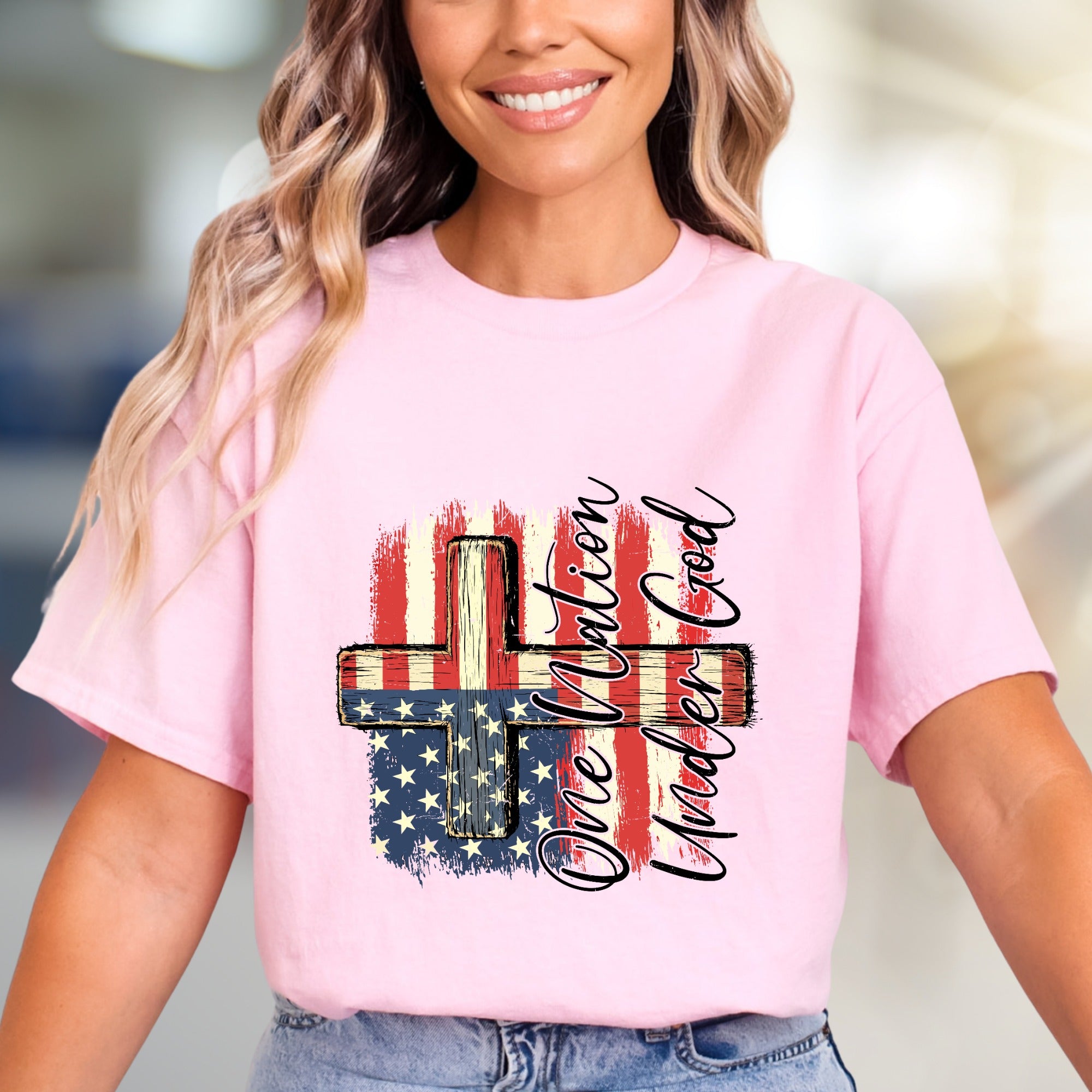 "One Nation Under God" Distressed Flag Cross Tee, a Patriotic Faith Statement