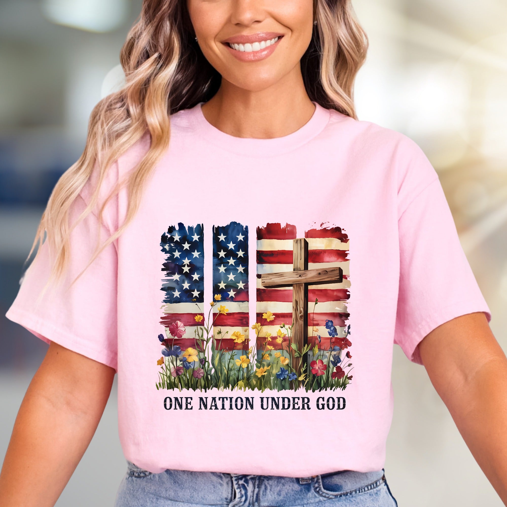 "ONE NATION UNDER GOD" Patriotic Floral Graphic Tee, A Faith-Inspired Statement for Believers
