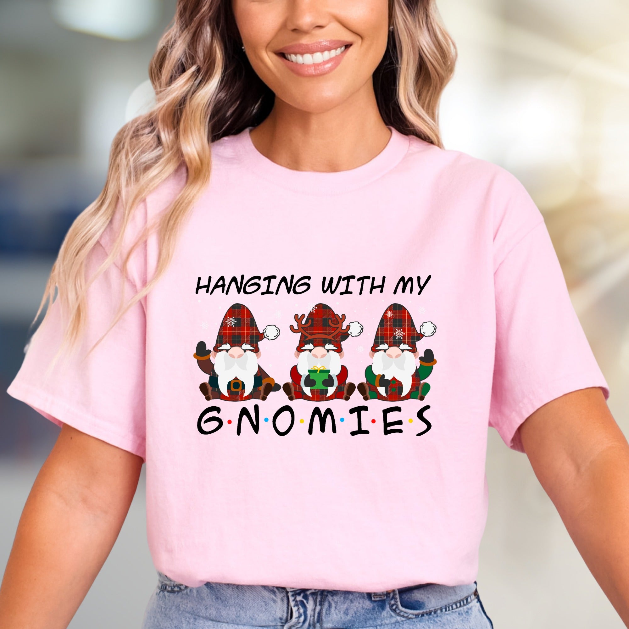 "Hanging With My Gnomies" Festive Plaid Gnomes Graphic Tee, a Whimsical Pick for Holiday Fun
