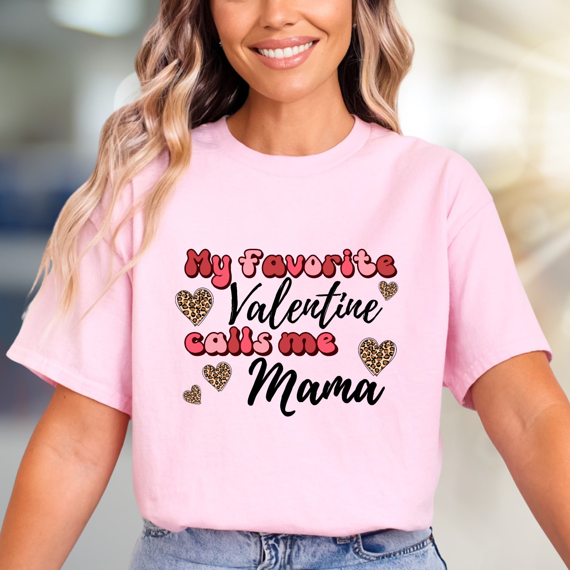 "My Favorite Valentine Calls Me Mama" Leopard Hearts Graphic Tee, a Sweet Gift for Moms