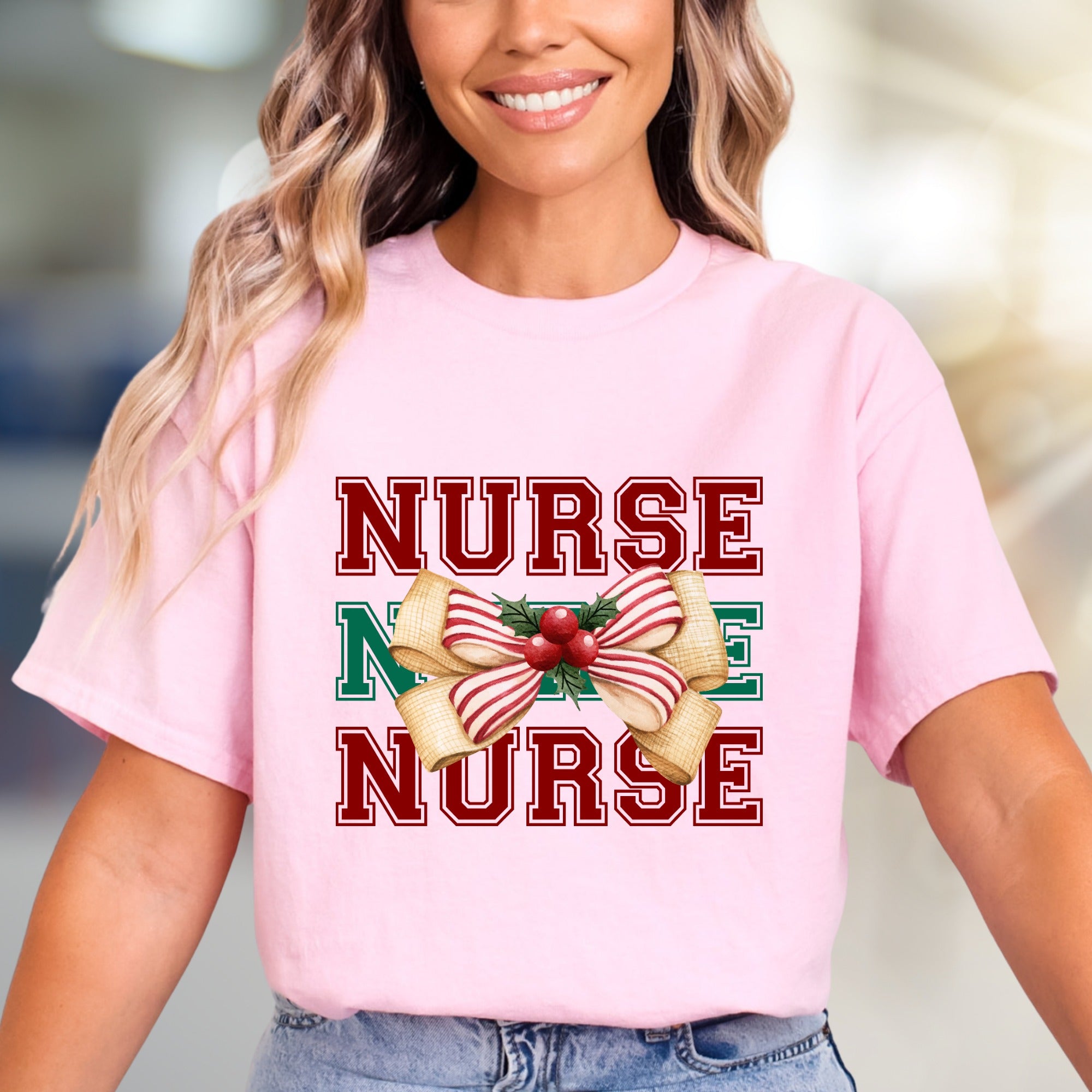 "Nurse" Holiday Bow Graphic Tee, a Festive Appreciation for Caregivers