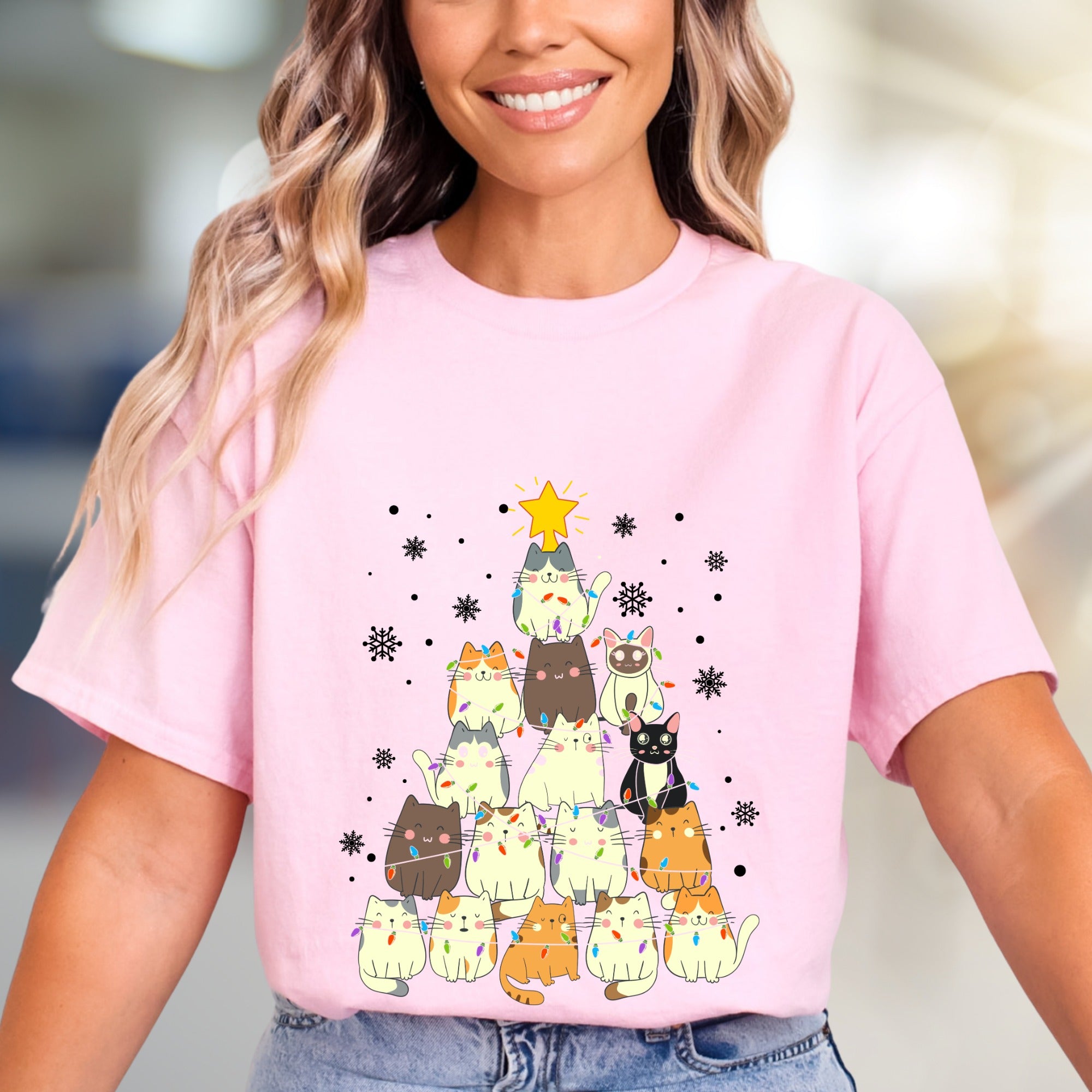 Charming Cat Christmas Tree Graphic Tee, A Cozy Holiday Pick for Pet Lovers