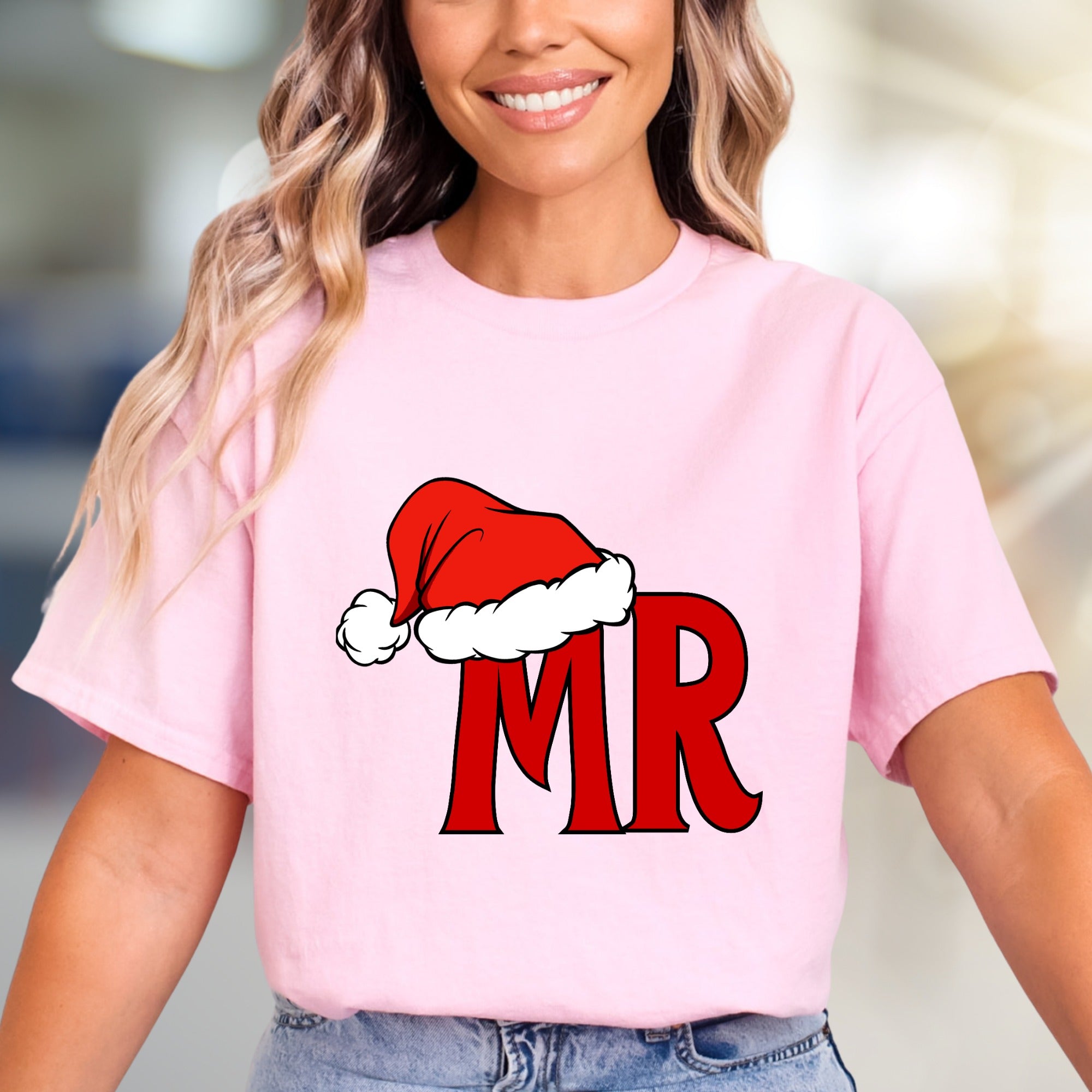 "MR" Santa Hat Graphic Tee, a Festive Couple's Pick for Holiday Lovers