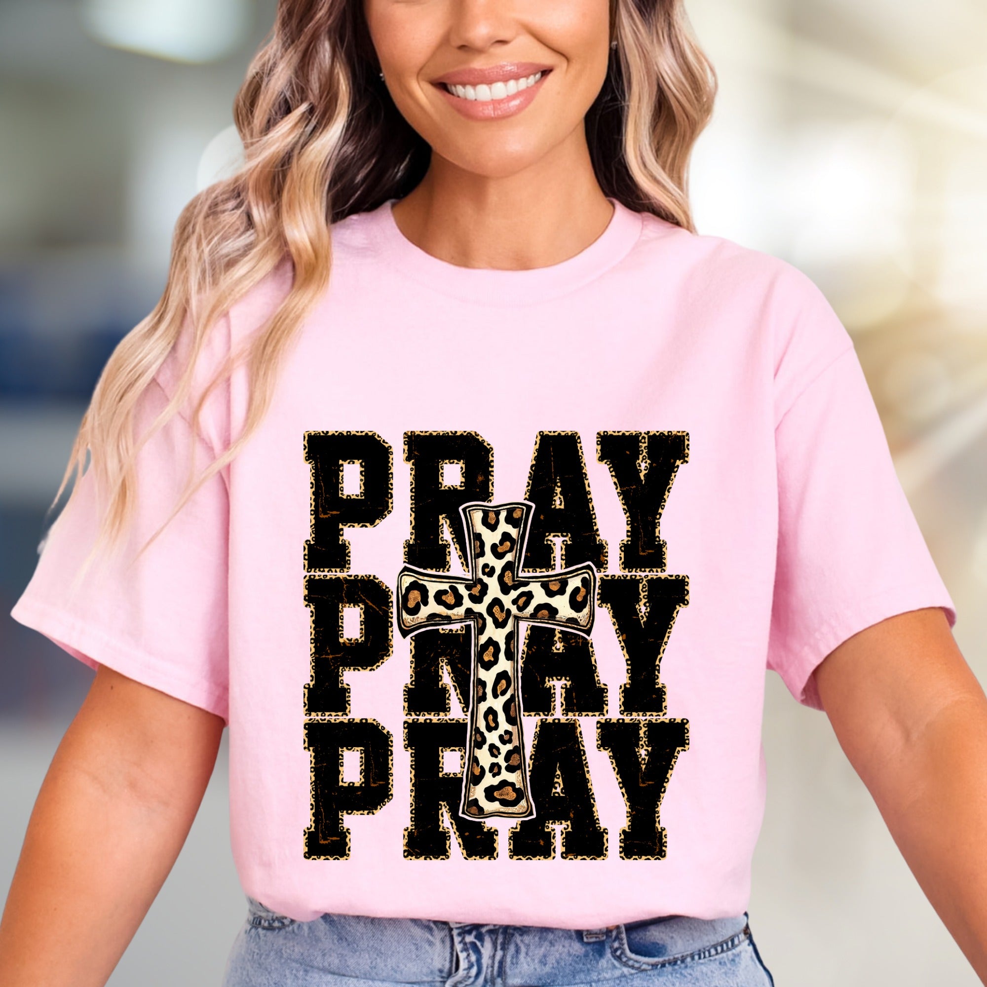 "PRAY" Leopard Print Cross Graphic Tee, a Faith-Inspired Western Pick for Her