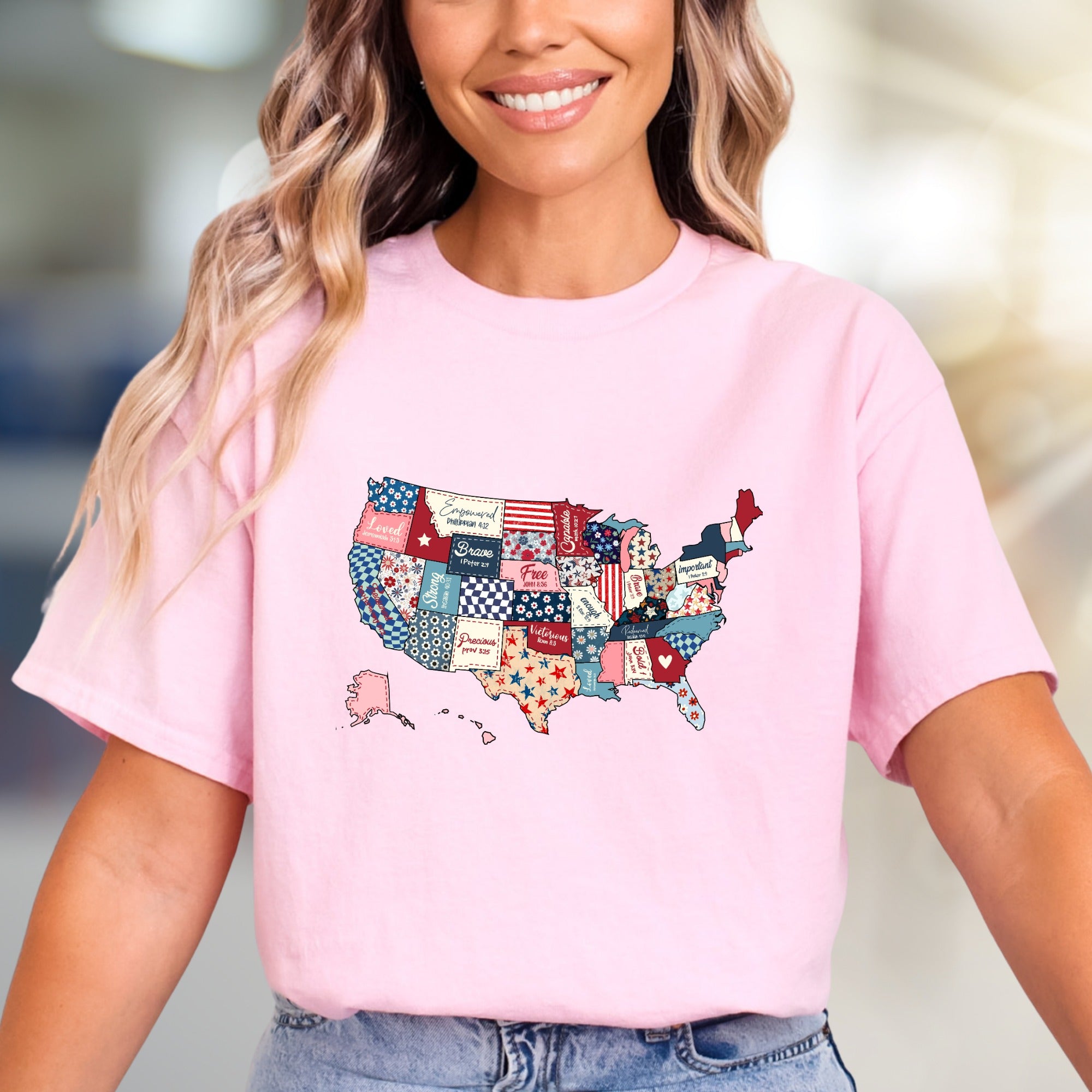 "Loved. Empowered. Brave." Christian Patchwork USA Graphic Tee, a Faith-Inspired Pick for Believers