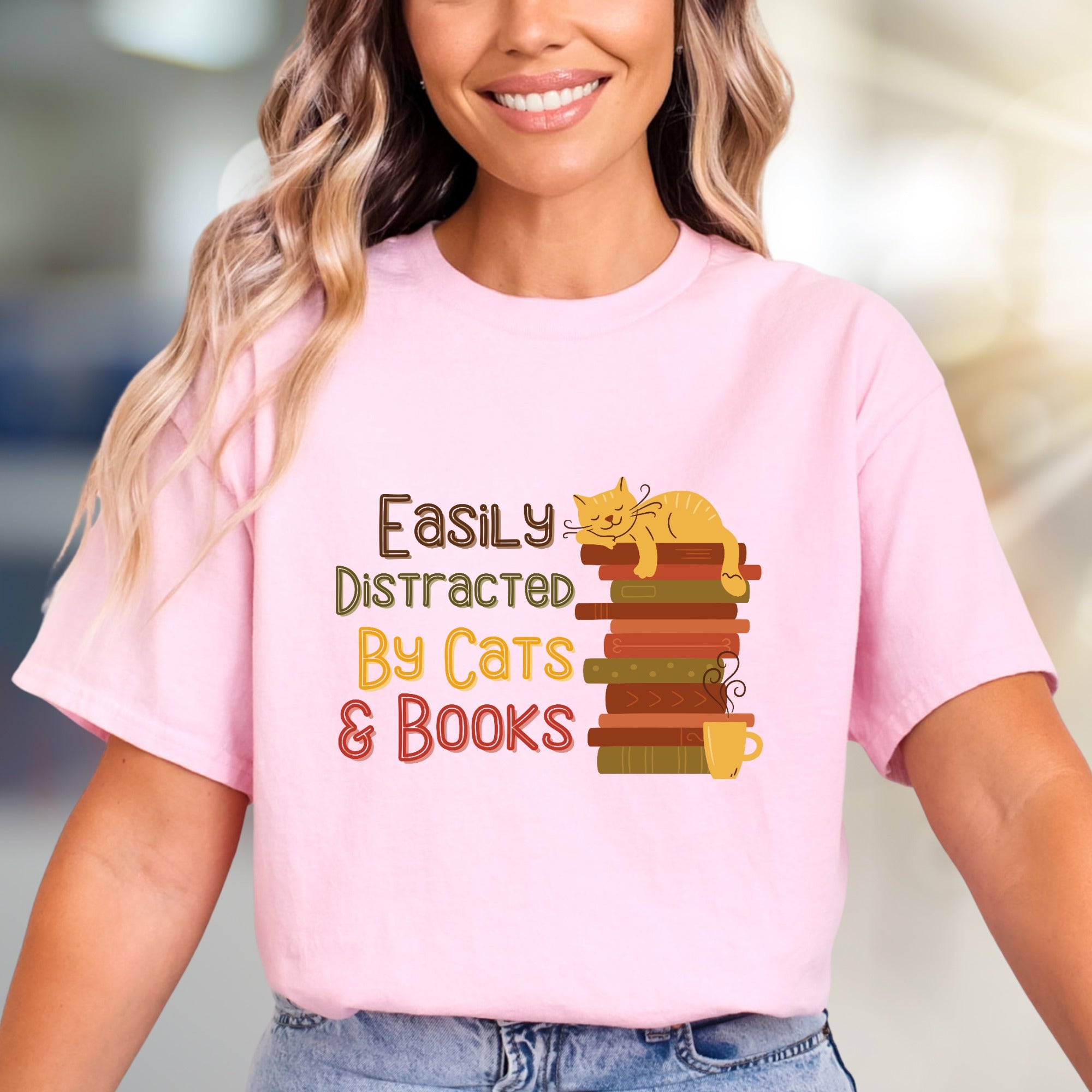 "Easily Distracted By Cats & Books" Cozy Reader Graphic Tee, a Feline Fan Pick for Book Lovers