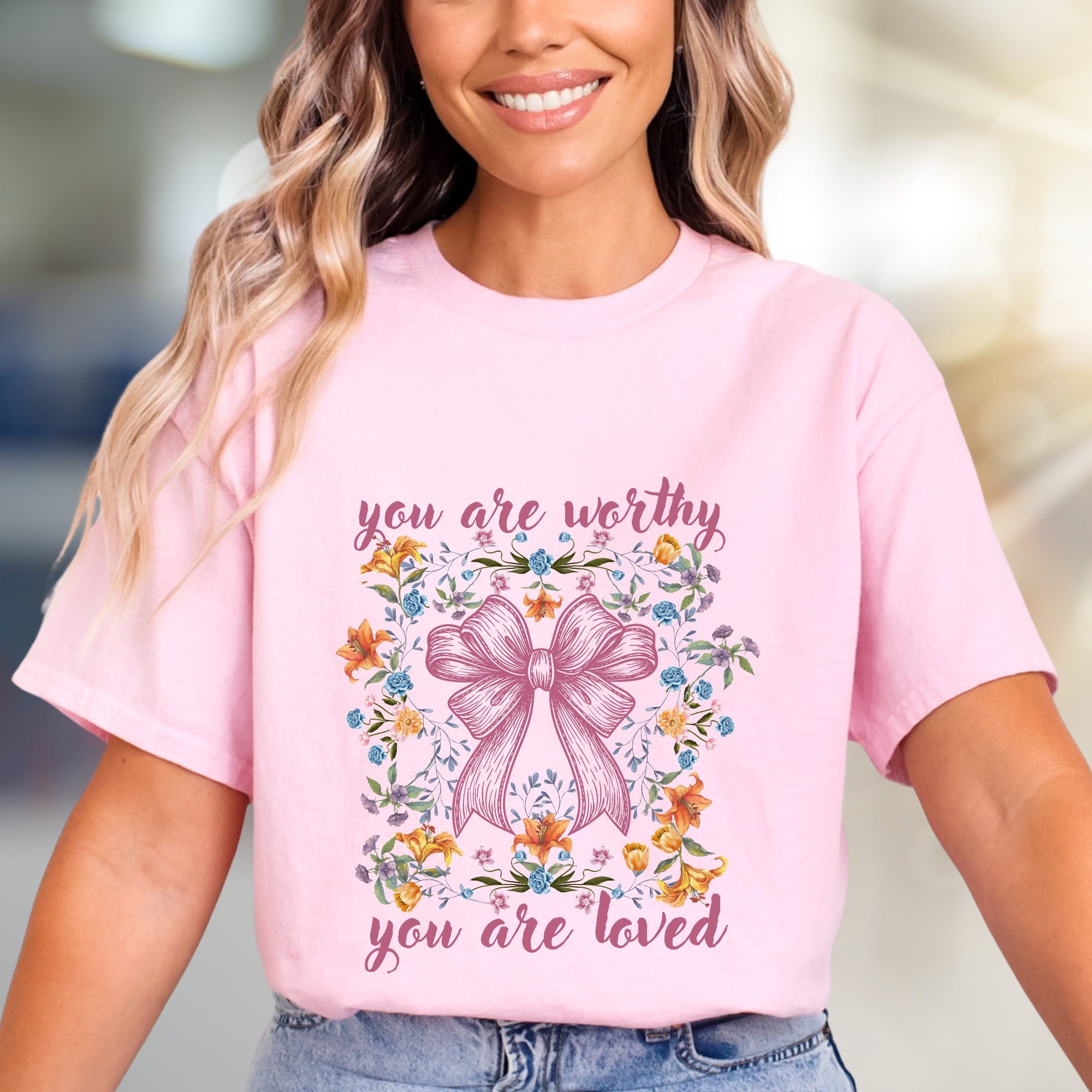 "You Are Worthy You Are Loved" Floral Bow Graphic Tee, a Self-Care Pick for Her