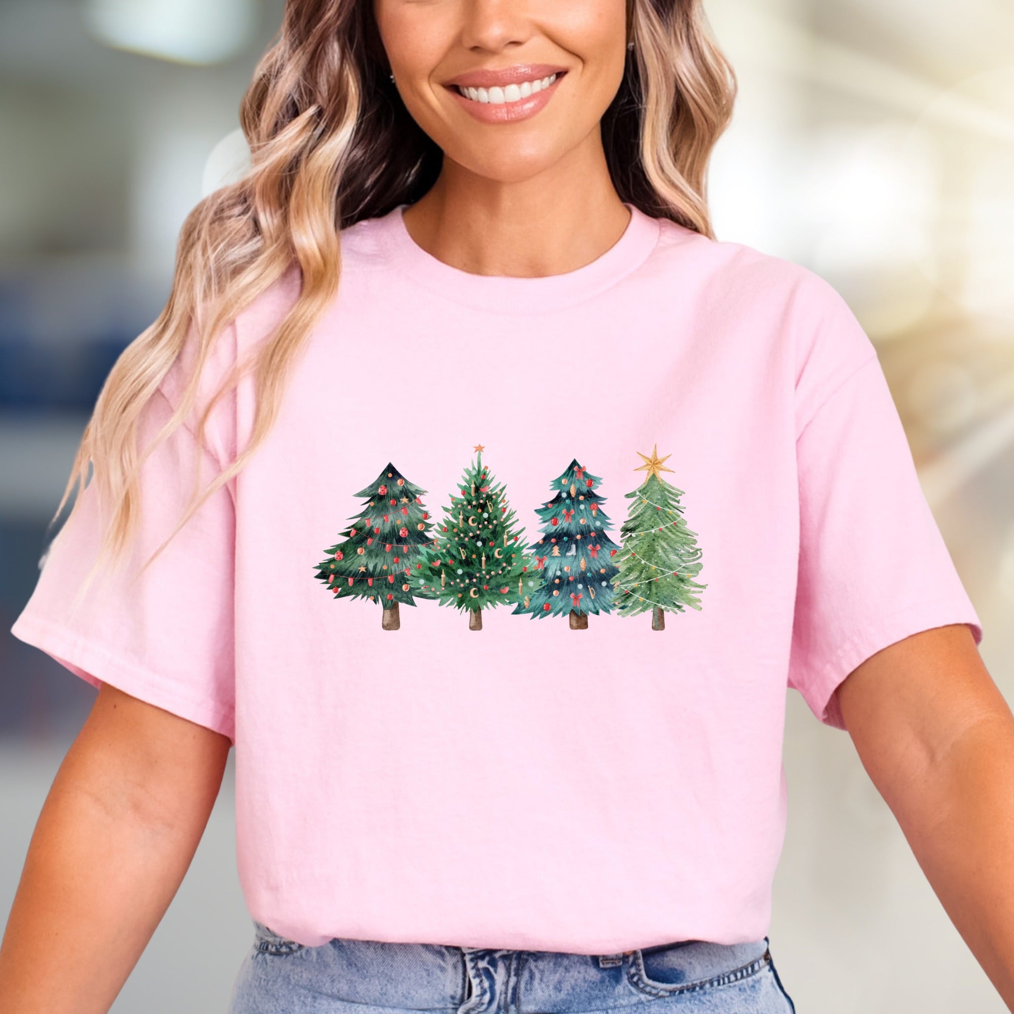 Festive Watercolor Christmas Trees Graphic Tee, A Cozy Holiday Pick for Everyone