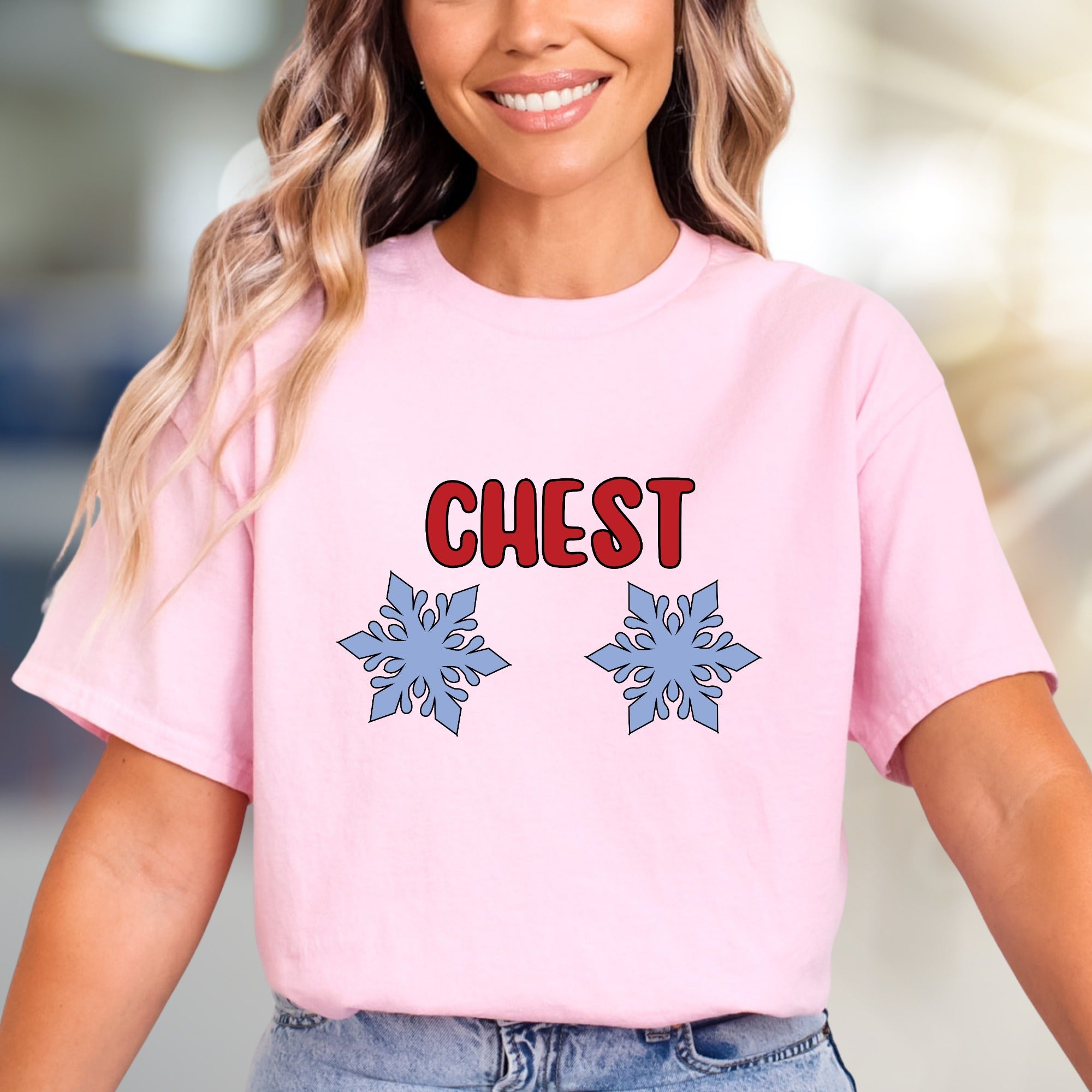 "CHEST" Snowflake Humor Graphic Tee, a Witty Winter Pick for Fun Lovers