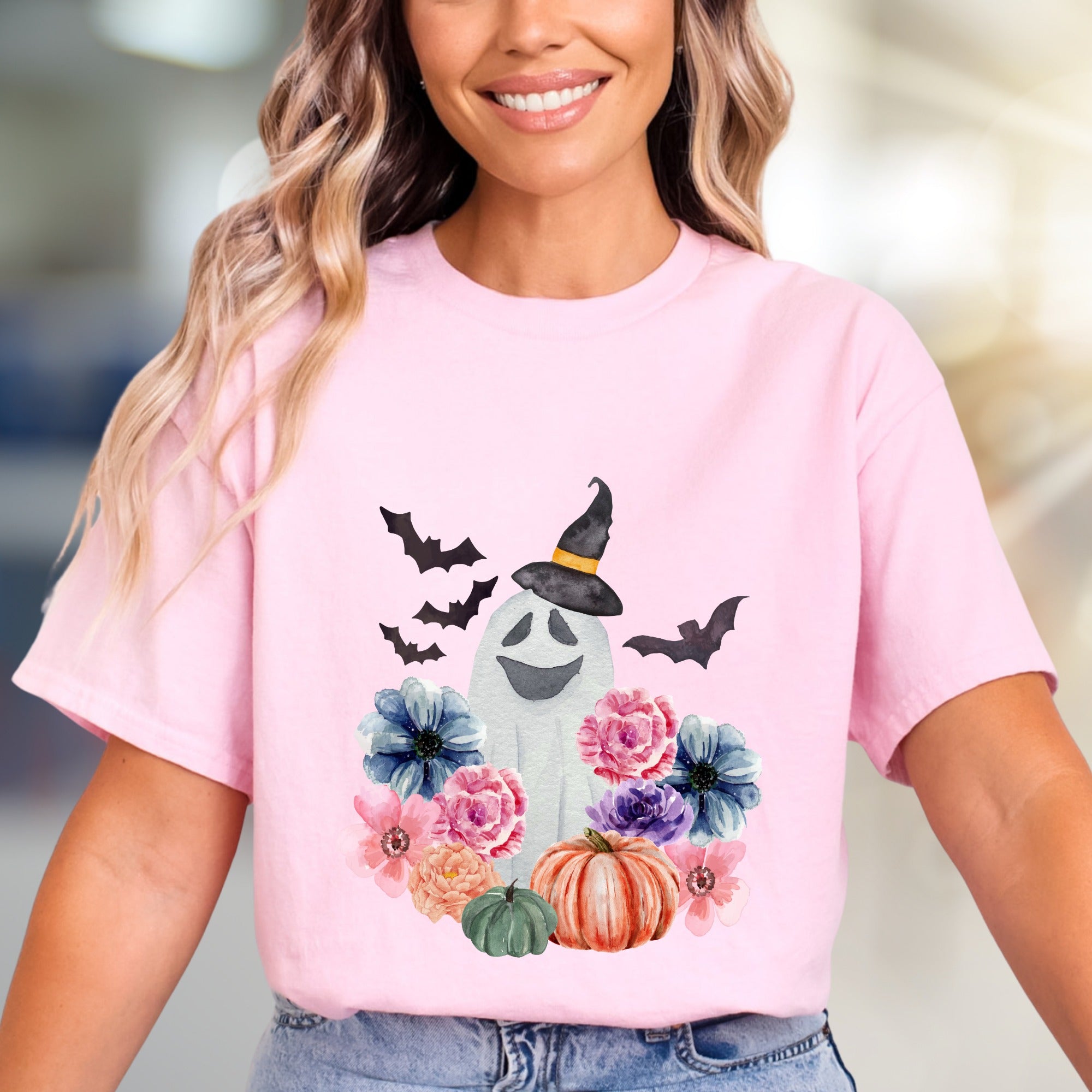 Witch Ghost & Floral Vibes Graphic Tee, a Spooky-Chic Pick for Halloween Lovers