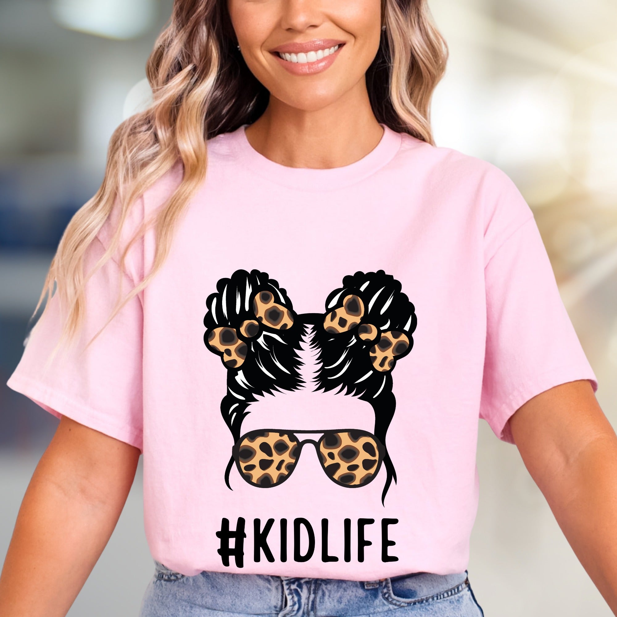 #KIDLIFE Messy Hair Bun Leopard Sunglasses Graphic Tee, a Mom Life Pick for Parents