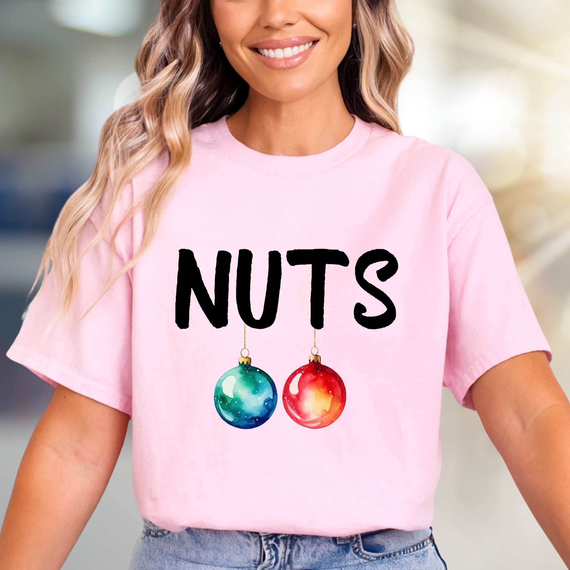 "NUTS" Christmas Ornaments Graphic Tee, a Funny Holiday Pick for Everyone