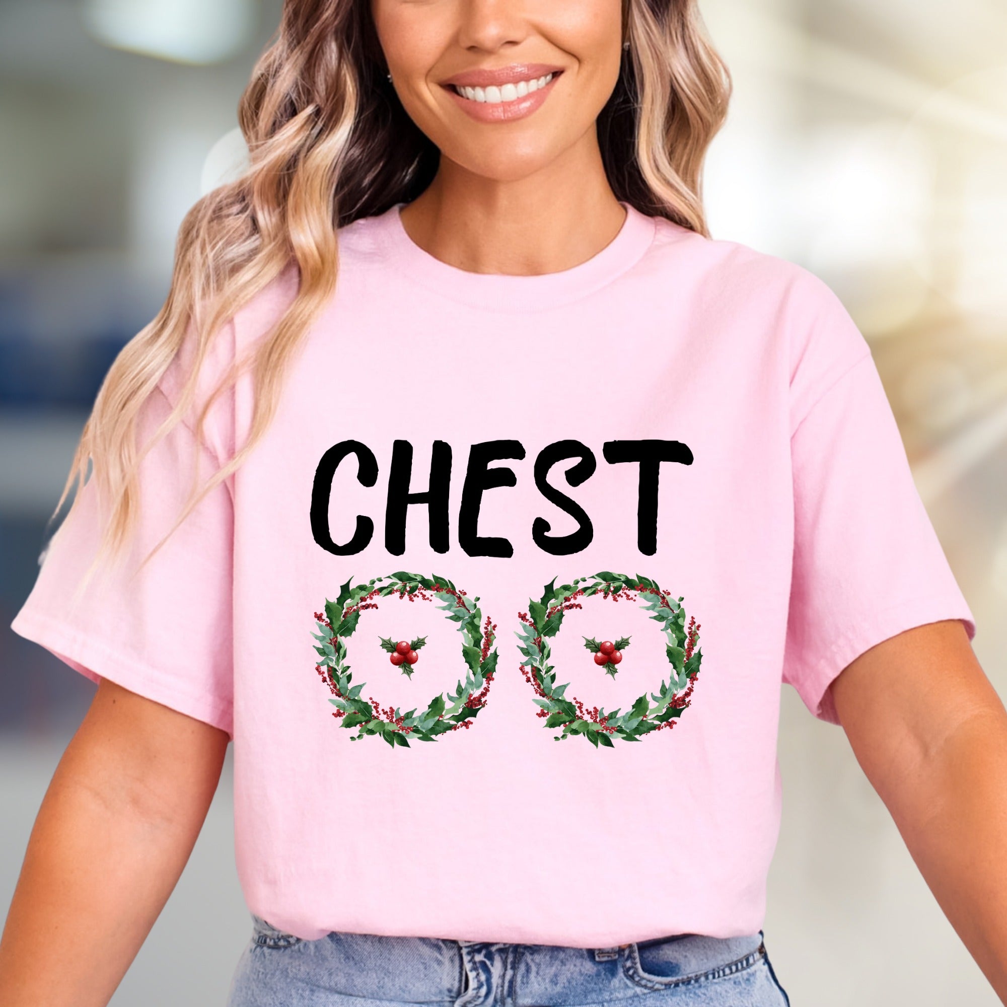 "CHEST" Holiday Wreaths Graphic Tee, a Festive Fun Pick for Christmas Parties