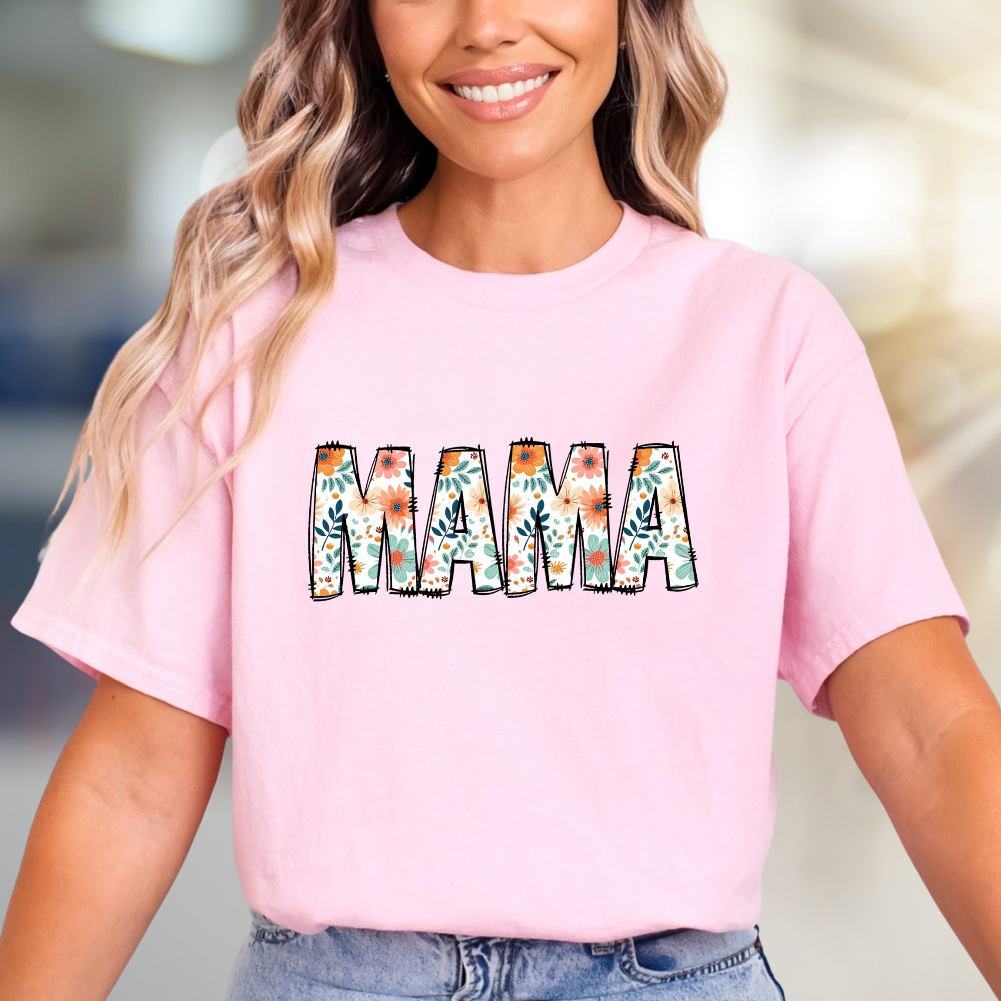 "MAMA" Floral Block Letter Graphic Tee, A Botanical Tribute for Moms