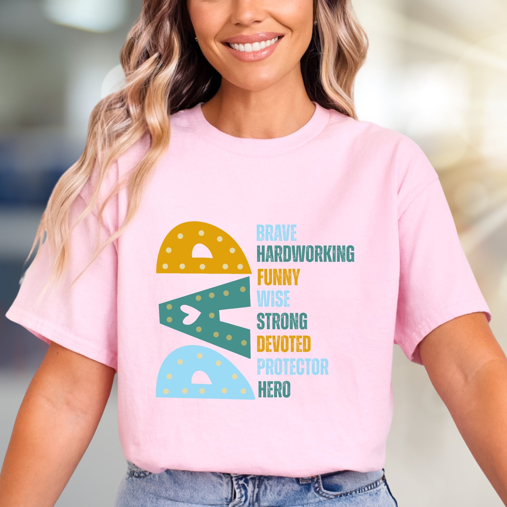 "Brave Hardworking Funny Wise Strong Devoted Protector Hero" Dad Tribute Graphic Tee, a Heartfelt Gift for Fathers