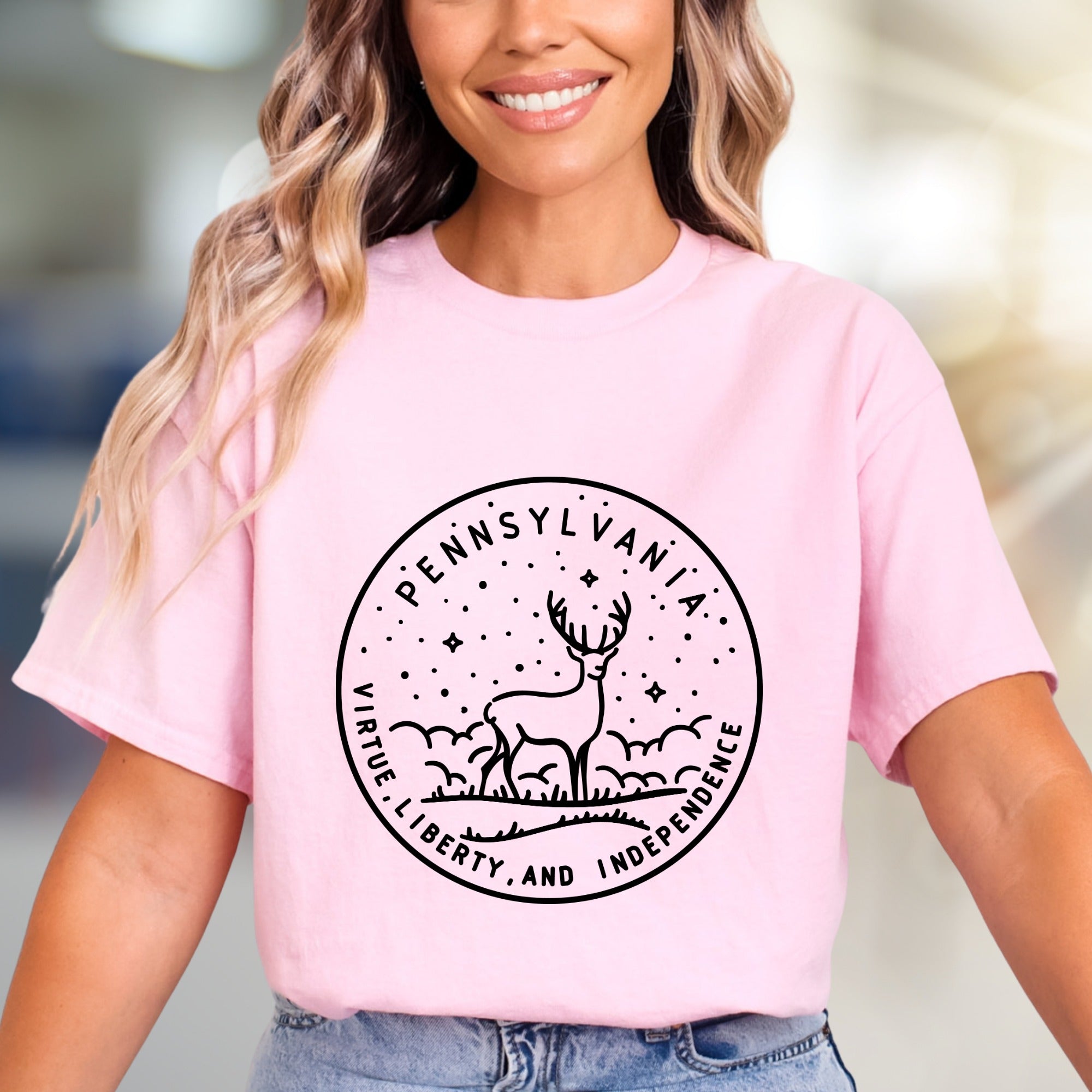 "Pennsylvania Virtue Liberty and Independence" Deer Graphic Tee, a State Pride Pick for Locals & Lovers
