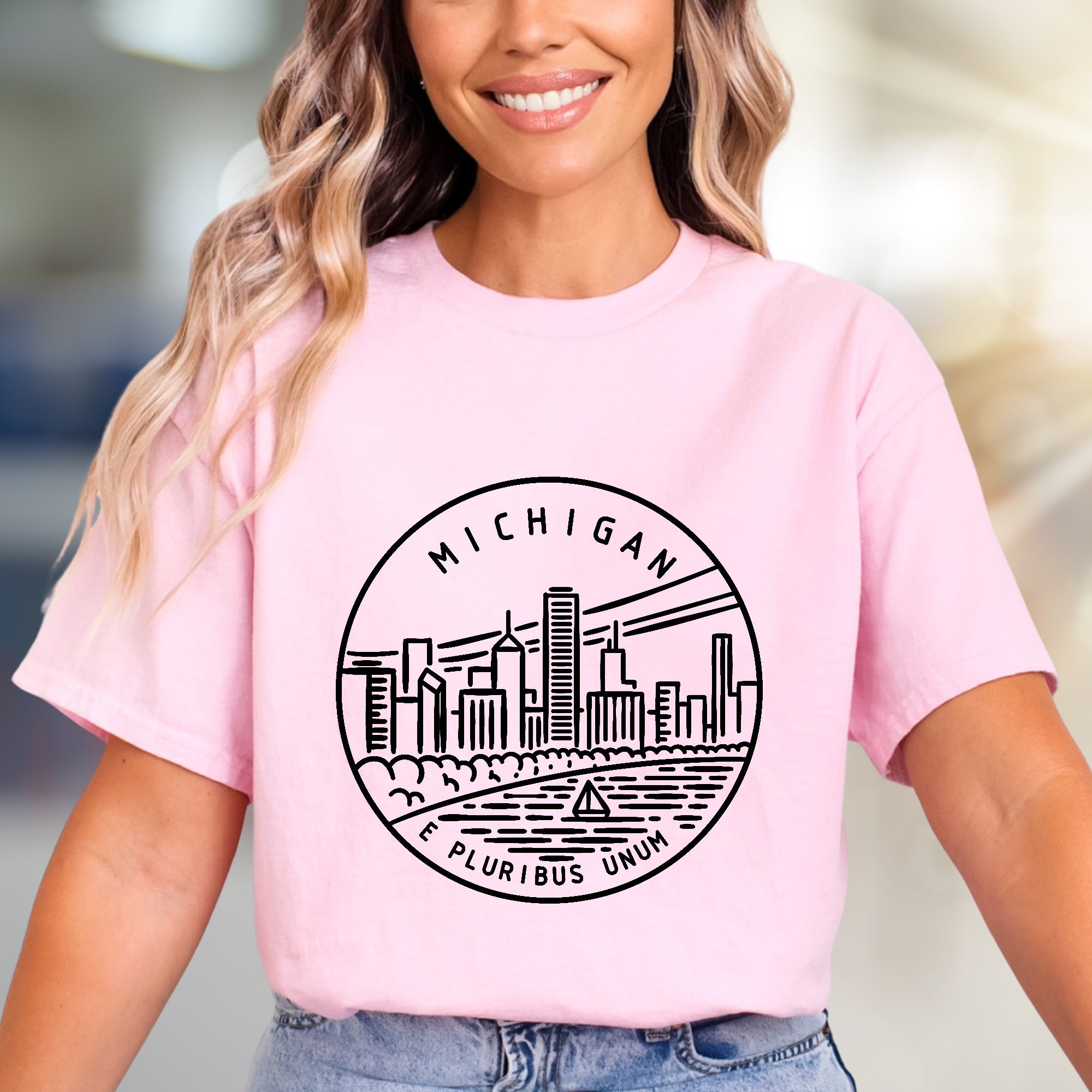 "MICHIGAN E PLURIBUS UNUM" Cityscape Graphic Tee, a State Pride Pick for Travel Enthusiasts